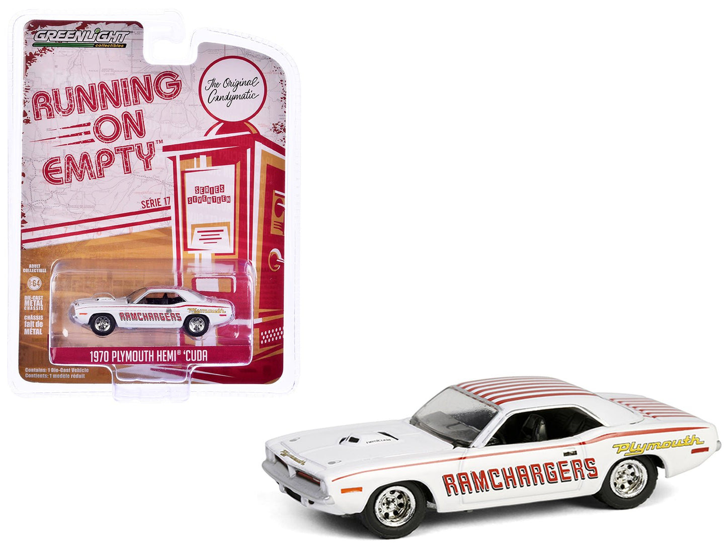 1970 Plymouth Hemi Barracuda "Ramchargers" White with Red Stripes "Running on Empty" Series 17 1/64 Diecast Model Car by Greenlight  free shipping USA