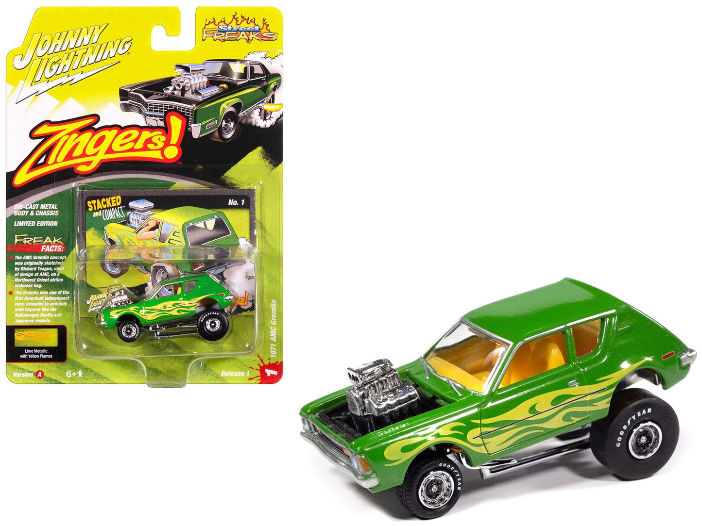 1971 AMC Gremlin Lime Green Metallic with Yellow Flames and Interior "Zingers!" Series 1/64 Diecast Model Car by Johnny Lightning  free shipping USA