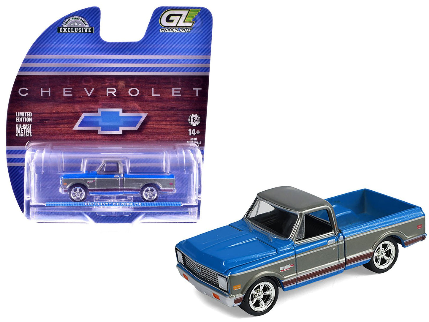 1972 Chevrolet Cheyenne C10 Short Bed Pickup Truck Electric Blue and Gunmetal Gray Metallic "Hobby Exclusive" Series 1/64 Diecast Model Car by Greenlight  free shipping USA