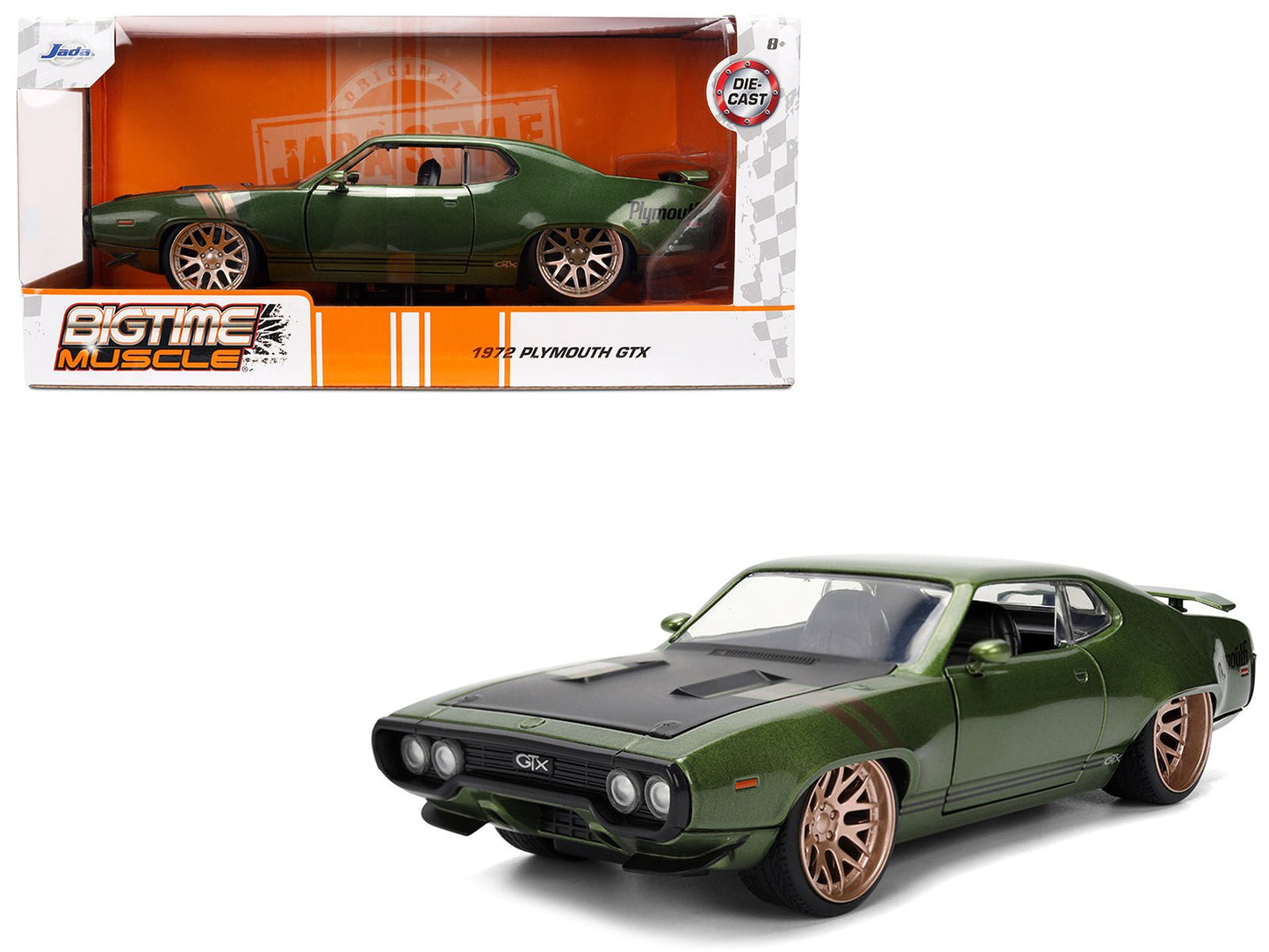 1972 Plymouth GTX Green Metallic with Matt Black Hood and Gold Stripes "Bigtime Muscle" Series 1/24 Diecast Model Car by Jada  free shipping USA