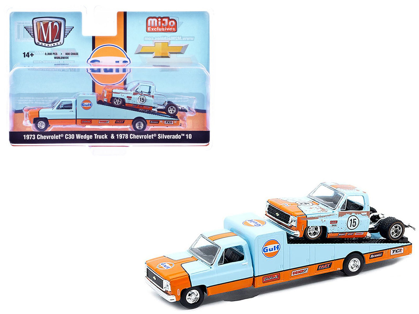 1973 Chevrolet C30 Wedge Truck Light Blue and Orange and 1978 Chevrolet Silverado 10 Bedless Truck #15 Light Blue and Orange (Rusted) "Gulf Oil" Limited Edition to 8000 pieces Worldwide 1/64 Diecast Model by M2 Machines  free shipping USA