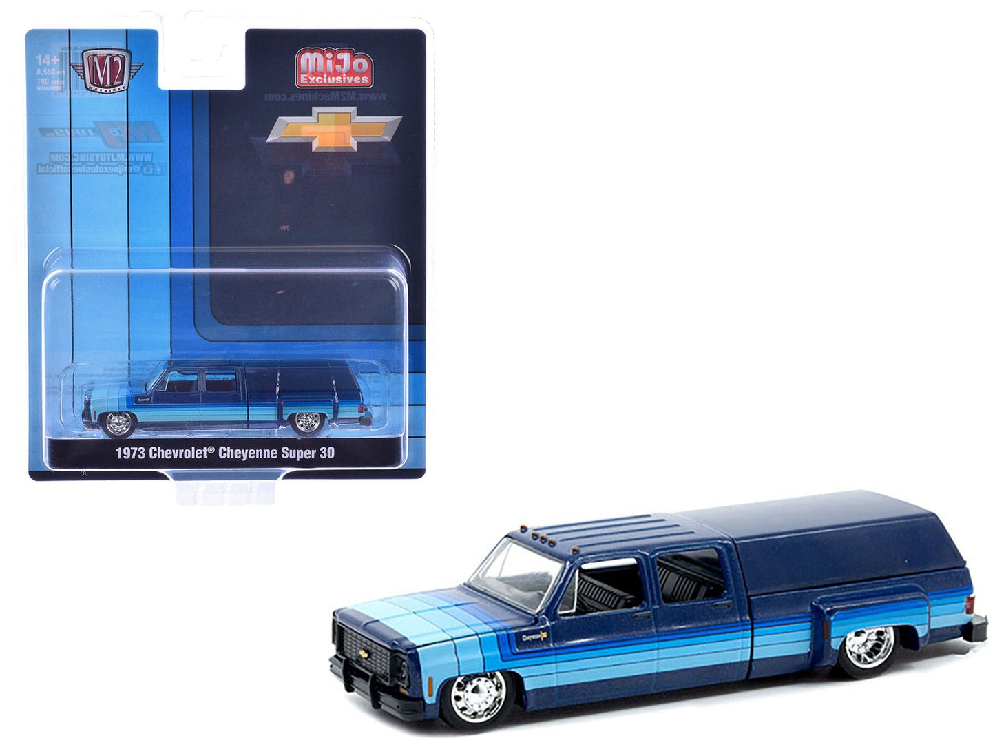 1973 Chevrolet Cheyenne Super 30 Pickup Truck with Camper Shell Blue with Stripes Limited Edition to 8500 pieces Worldwide 1/64 Diecast Model Car by M2 Machines  free shipping USA