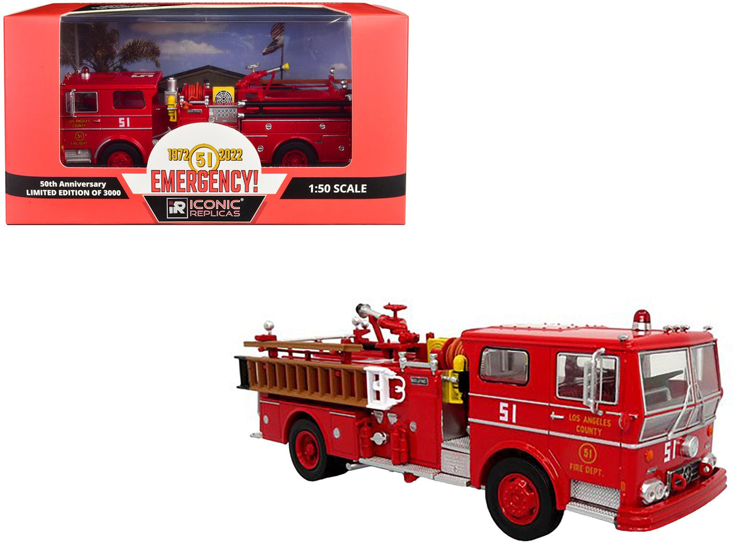 1973 Ward LaFrance Ambassador Fire Engine "Los Angeles County Fire Department" LA County FD (LACFD) "Emergency! 50th Anniversary" (1972-2022) Limited Edition to 3000 pieces Worldwide 1/50 Diecast Model by Iconic Replicas  free shipping USA