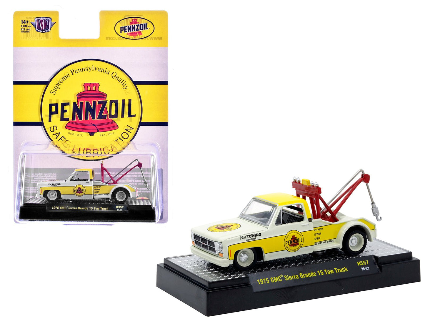 1975 GMC Sierra Grande 15 Tow Truck "Pennzoil" Off White and Yellow Limited Edition to 6842 pieces Worldwide 1/64 Diecast Model Car by M2 Machines  free shipping USA