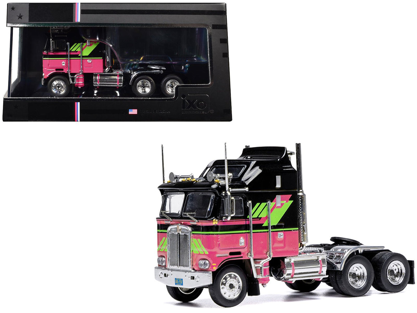 1976 Kenworth K100 Aerodyne Truck Tractor Black and Pink with Graphics 1/64 Diecast Model by IXO Models  free shipping USA