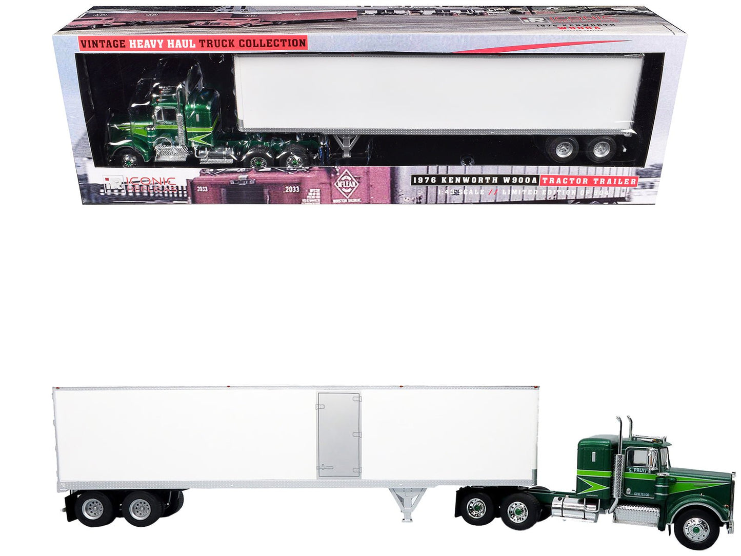 1976 Kenworth W900A Tractor with Dry Goods Trailer Green Metallic with Light Green Graphics "Vintage Heavy Haul Truck Collection" 1/43 Diecast Model by Iconic Replicas  free shipping USA