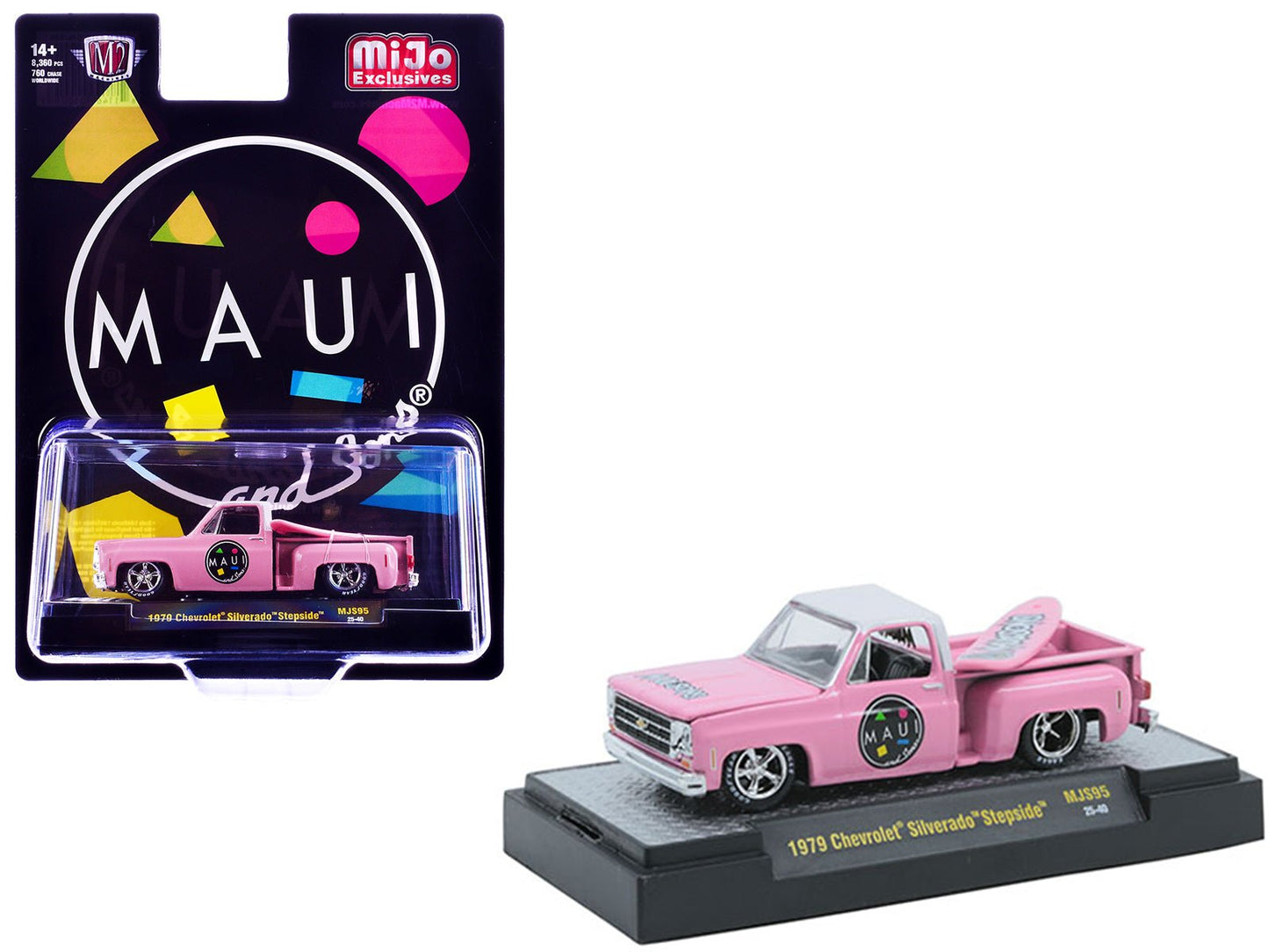1979 Chevrolet Silverado Stepside Pickup Truck "Maui & Sons" Pink with White Top and Surfboard Limited Edition to 8360 pieces Worldwide 1/64 Diecast Model Car by M2 Machines  free shipping USA