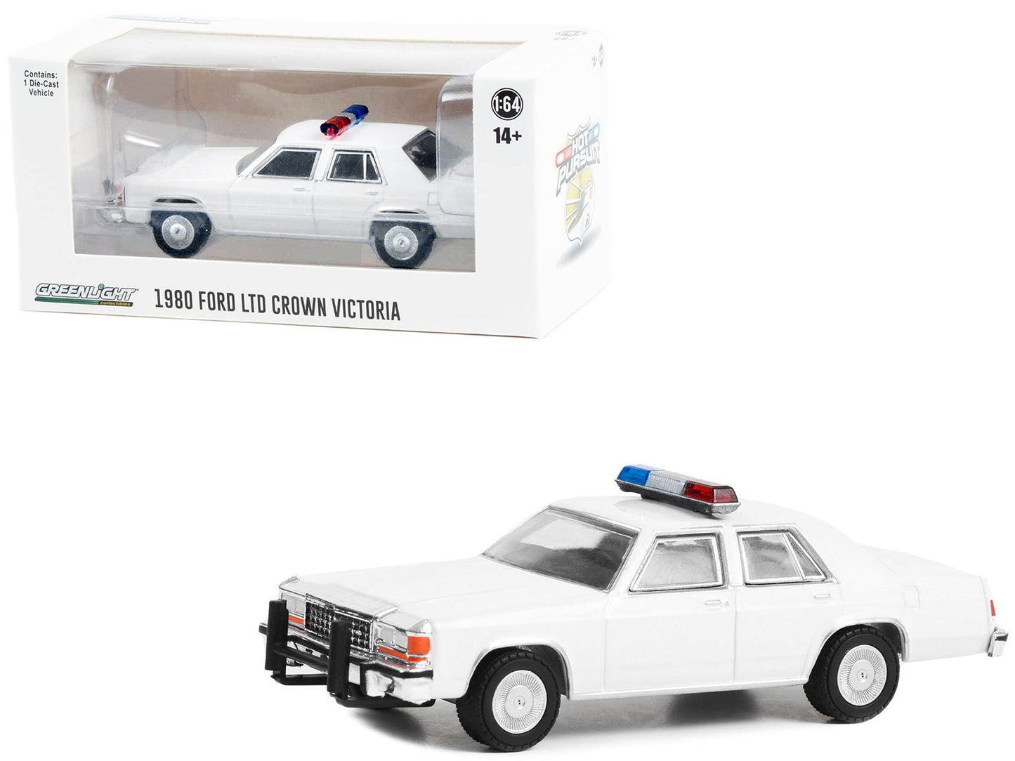 1980-1991 Ford LTD Crown Victoria Police White with Light Bar "Hot Pursuit" "Hobby Exclusive" Series 1/64 Diecast Model Car by Greenlight  free shipping USA