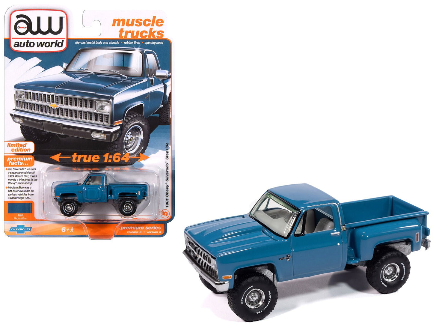 1981 Chevrolet Silverado Stepside Pickup Truck Blue "Muscle Trucks" Series 1/64 Diecast Model Car by Auto World  free shipping USA