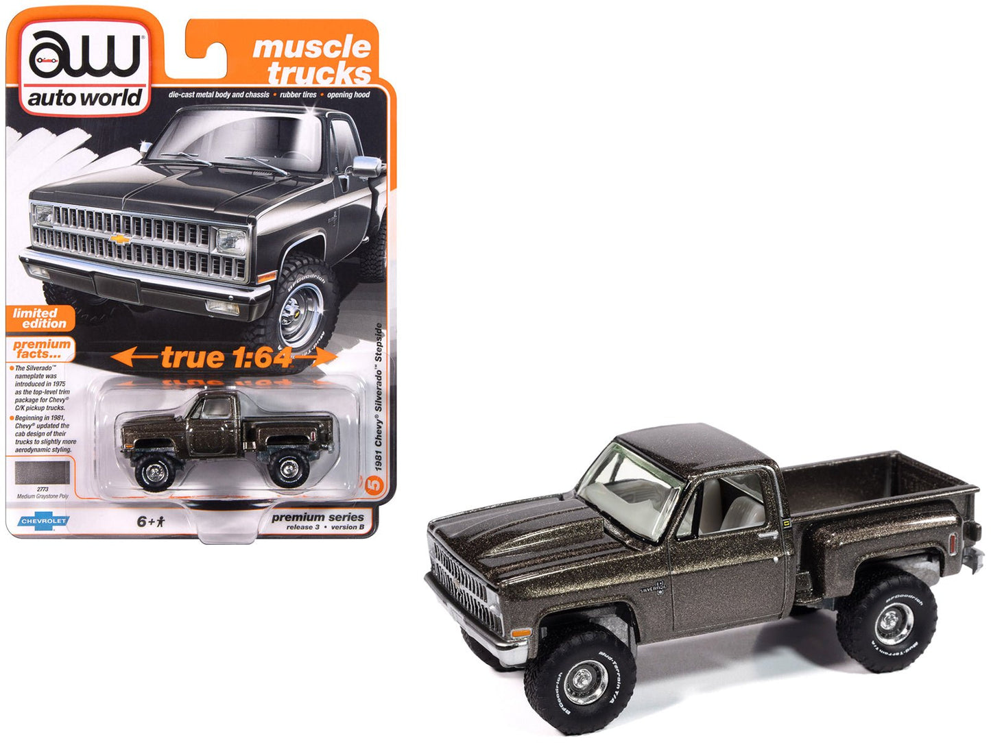 1981 Chevrolet Silverado Stepside Pickup Truck Graystone Metallic "Muscle Trucks" Series 1/64 Diecast Model Car by Auto World  free shipping USA
