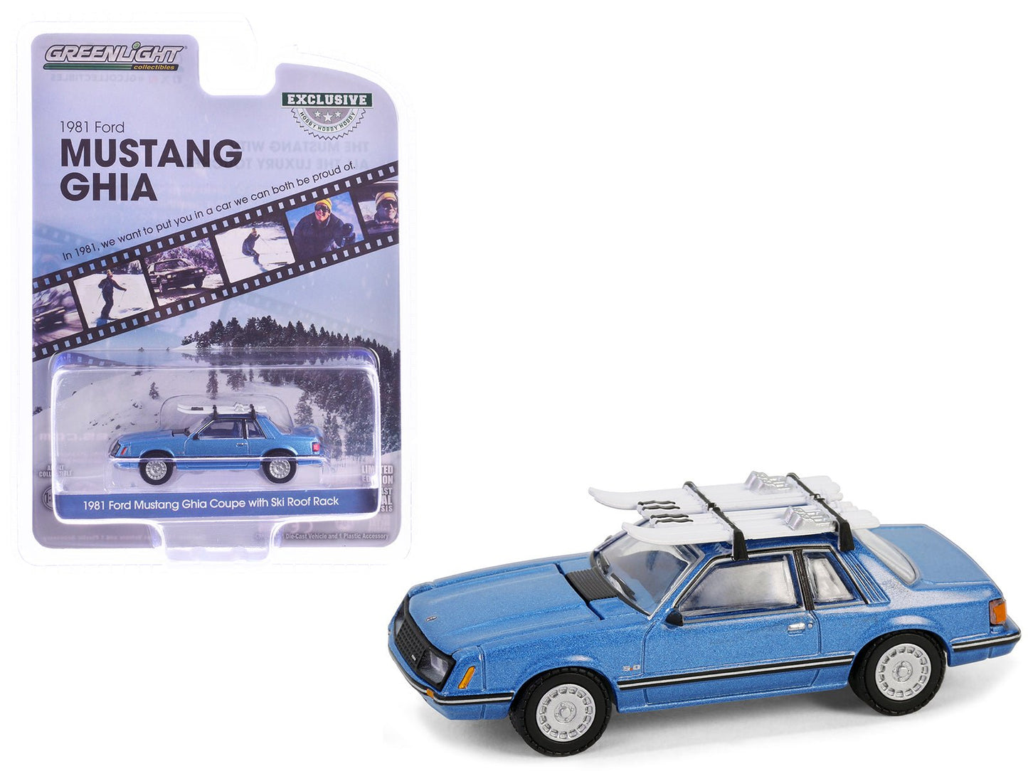 1981 Ford Mustang Ghia Coupe Blue Glow Metallic with Ski Roof Rack "Hobby Exclusive" Series 1/64 Diecast Model Car by Greenlight  free shipping USA