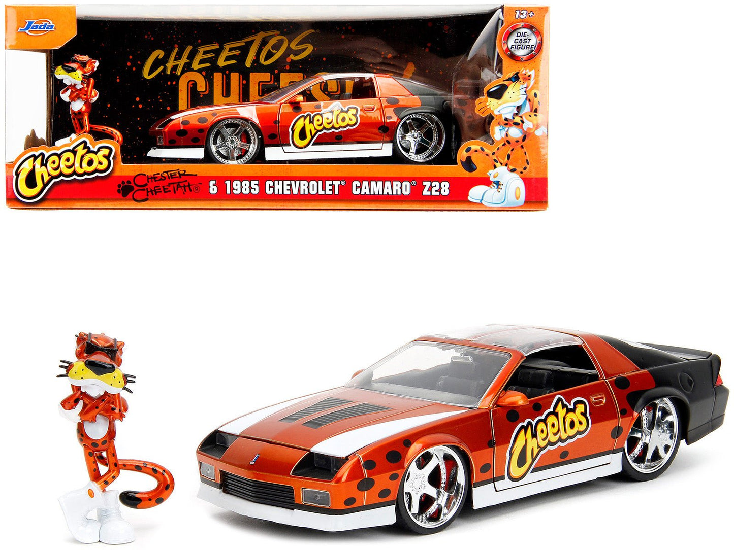 1985 Chevrolet Camaro Z/28 Orange Metallic with Graphics and Chester Cheetah Diecast Figure "Cheetos" "Hollywood Rides" Series 1/24 Diecast Model Car by Jada  free shipping USA