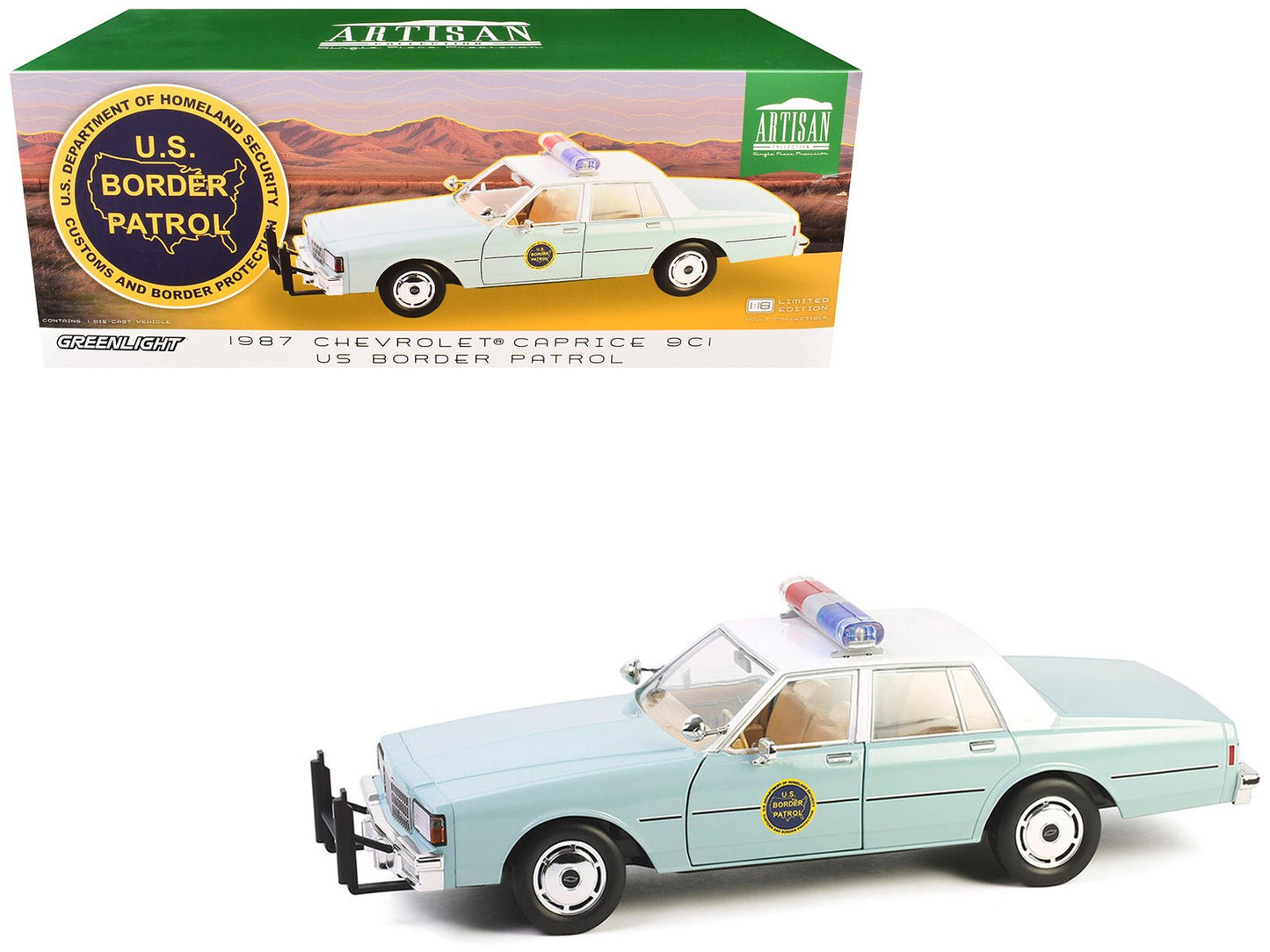 1987 Chevrolet Caprice 9C1 "US Border Patrol" Light Green with White Top "Artisan Collection" 1/18 Diecast Model Car by Greenlight  free shipping USA
