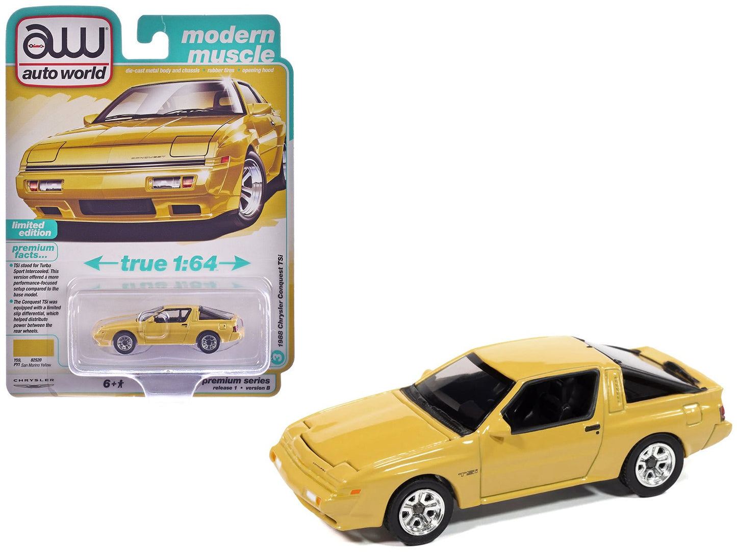 1988 Chrysler Conquest TSi San Marino Yellow "Modern Muscle" Series 1/64 Diecast Model Car by Auto World  free shipping USA