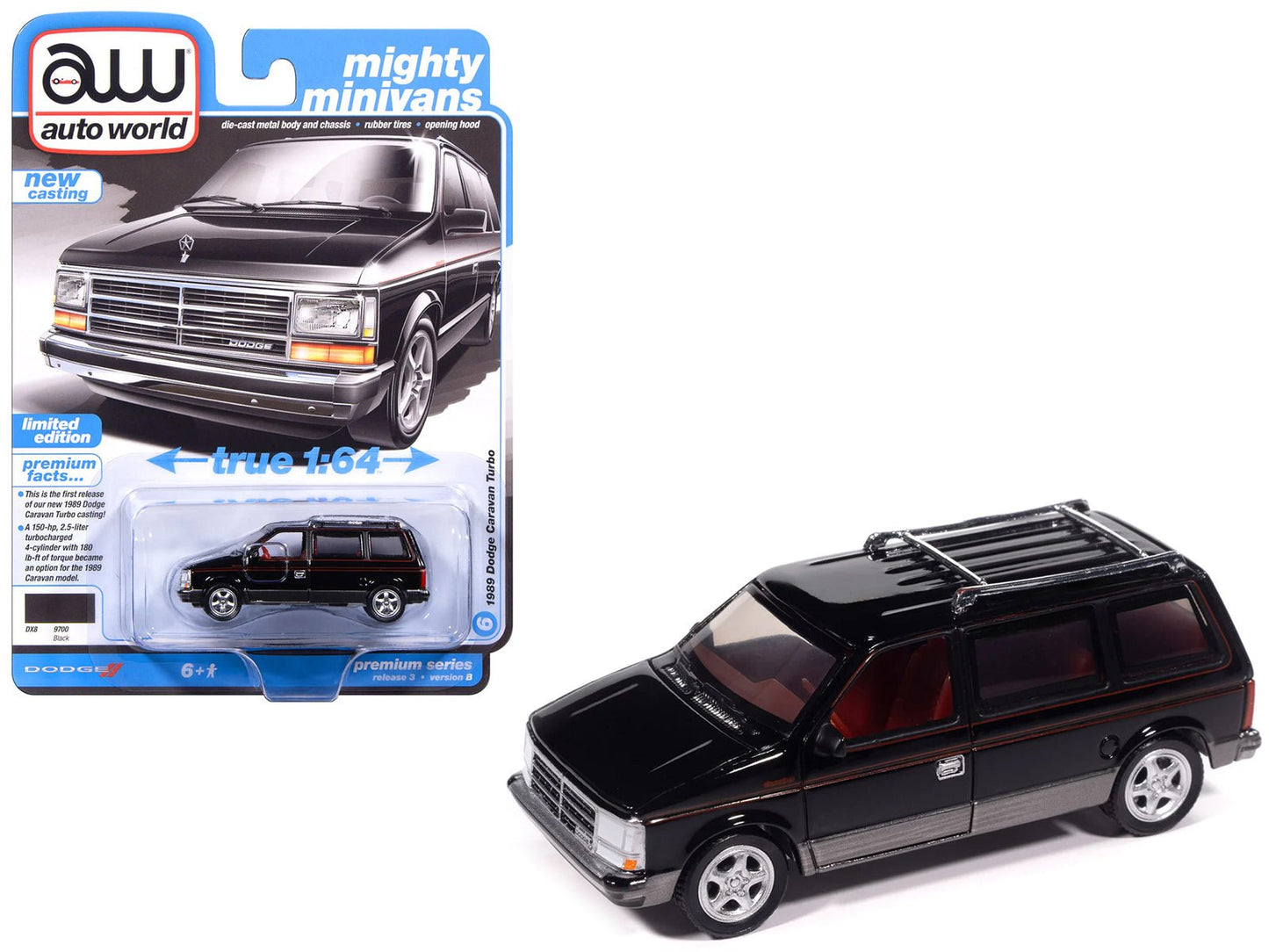 1989 Dodge Caravan Turbo Van Black with Red Stripes and Interior "Mighty Minivans" Series 1/64 Diecast Model Car by Auto World  free shipping USA