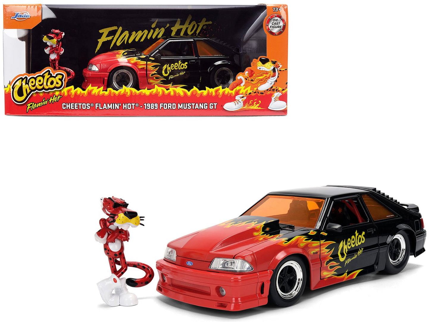 1989 Ford Mustang GT Black with Red Flame Graphics and Chester Cheetah Diecast Figure "Cheetos Flamin' Hot" "Hollywood Rides" Series 1/24 Diecast Model Car by Jada  free shipping USA