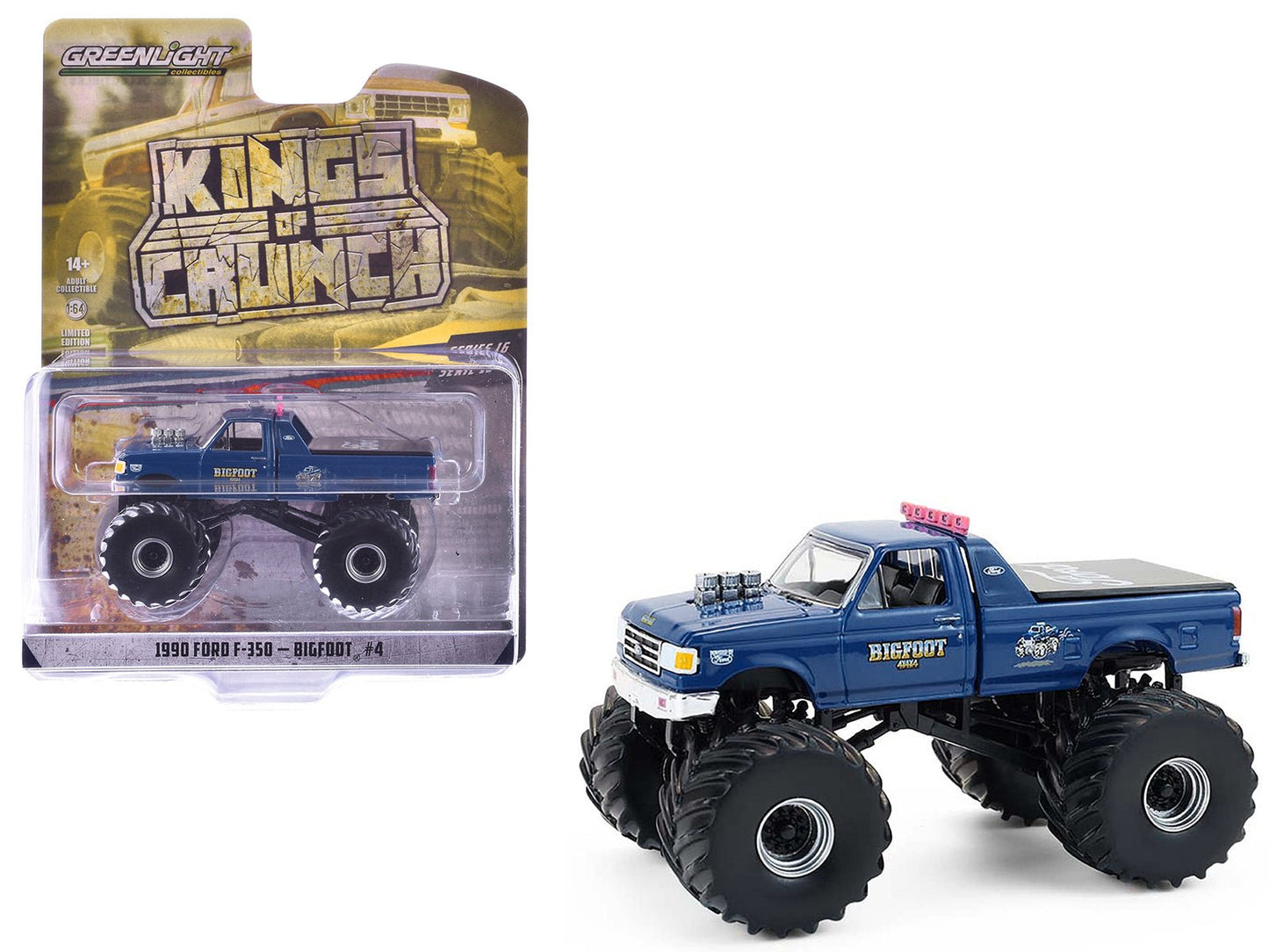 1990 Ford F-350 Monster Truck "Bigfoot #4" Blue "Kings of Crunch" Series 16 1/64 Diecast Model Car by Greenlight  free shipping USA
