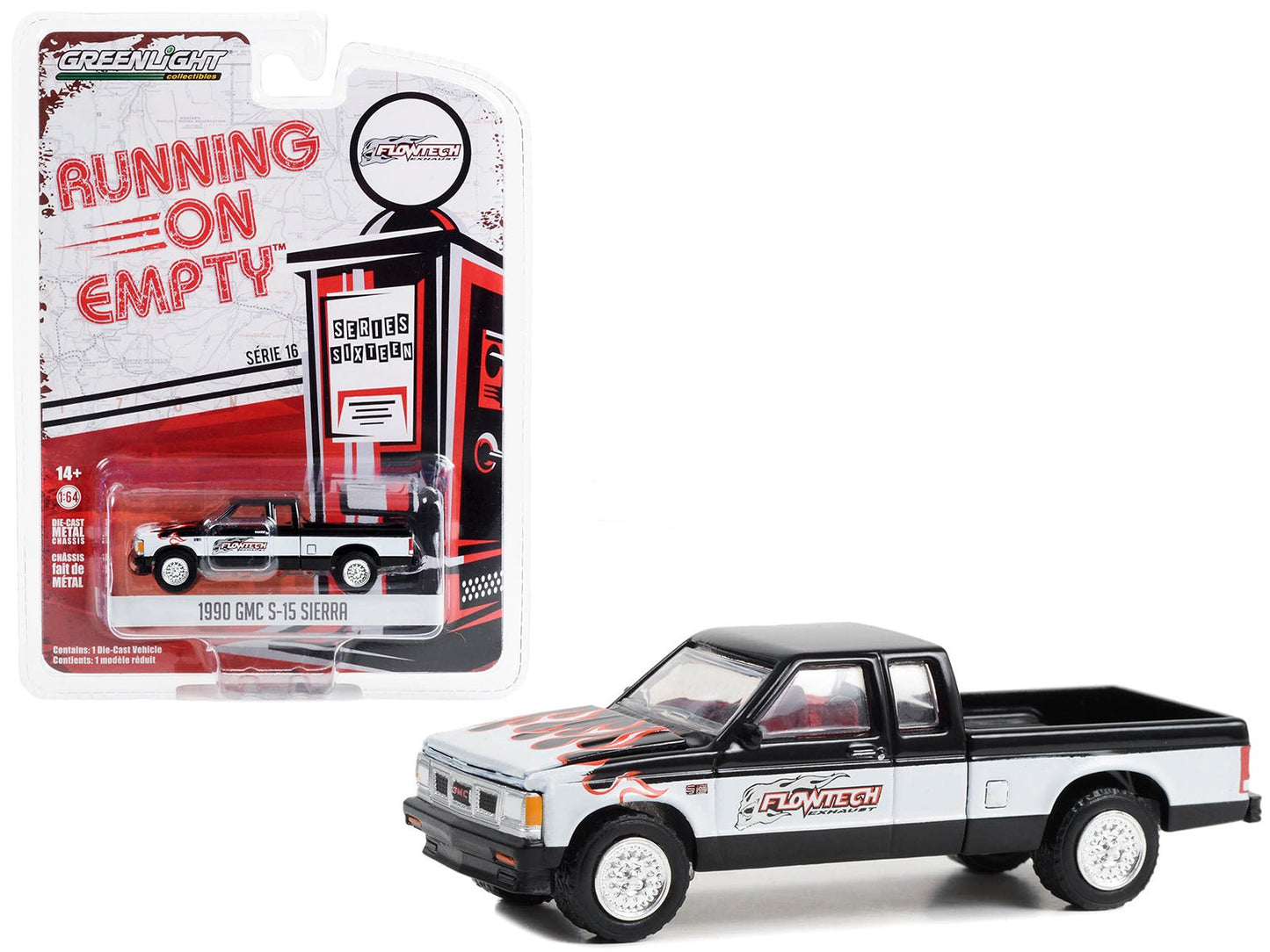 1990 GMC S-15 Sierra Pickup Truck Black and White with Flames "Flowtech Exhaust" "Running on Empty" Series 16 1/64 Diecast Model Car by Greenlight  free shipping USA