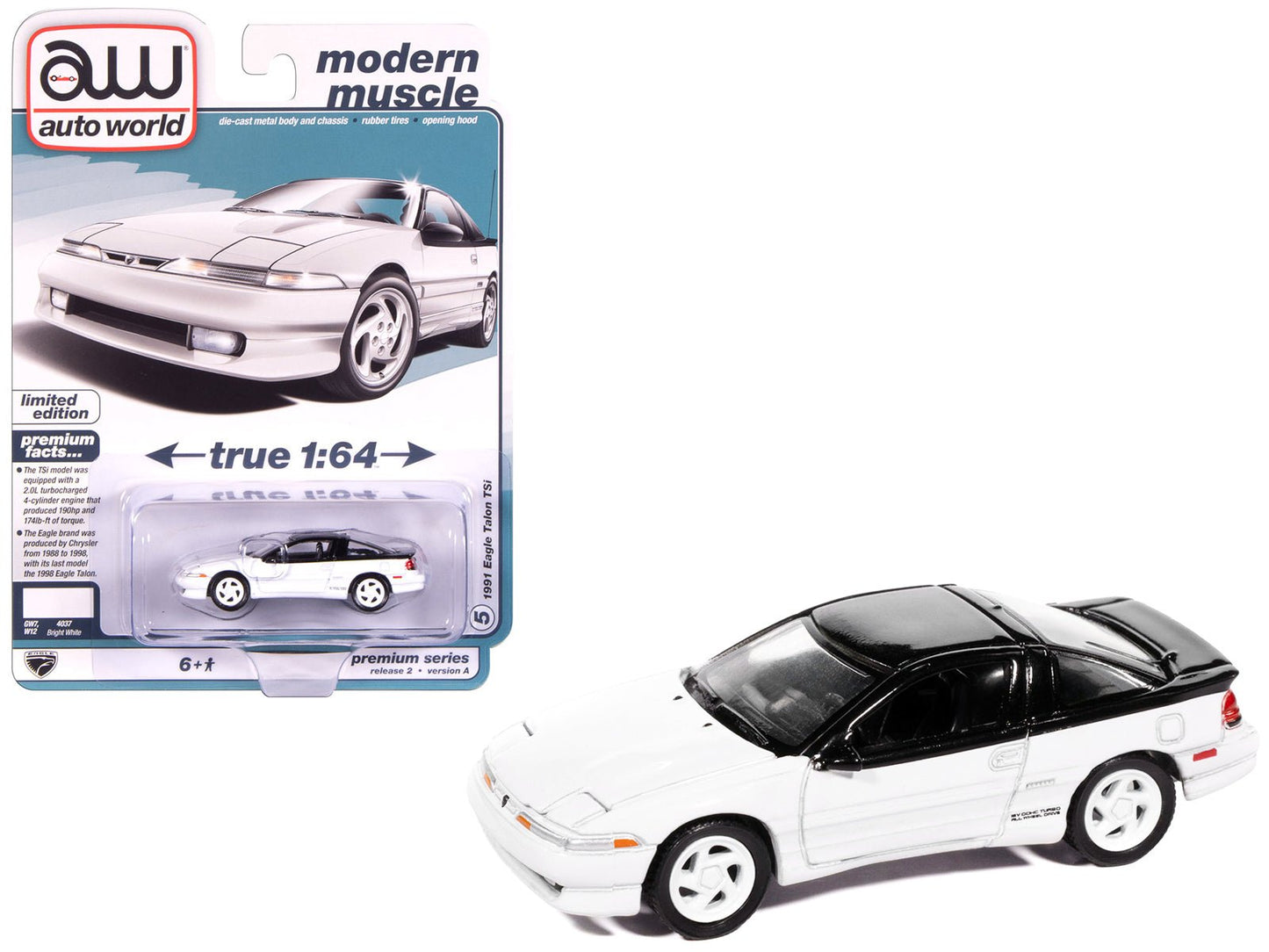 1991 Eagle Talon TSi Bright White with Black Top "Modern Muscle" Series 1/64 Diecast Model Car by Auto World  free shipping USA