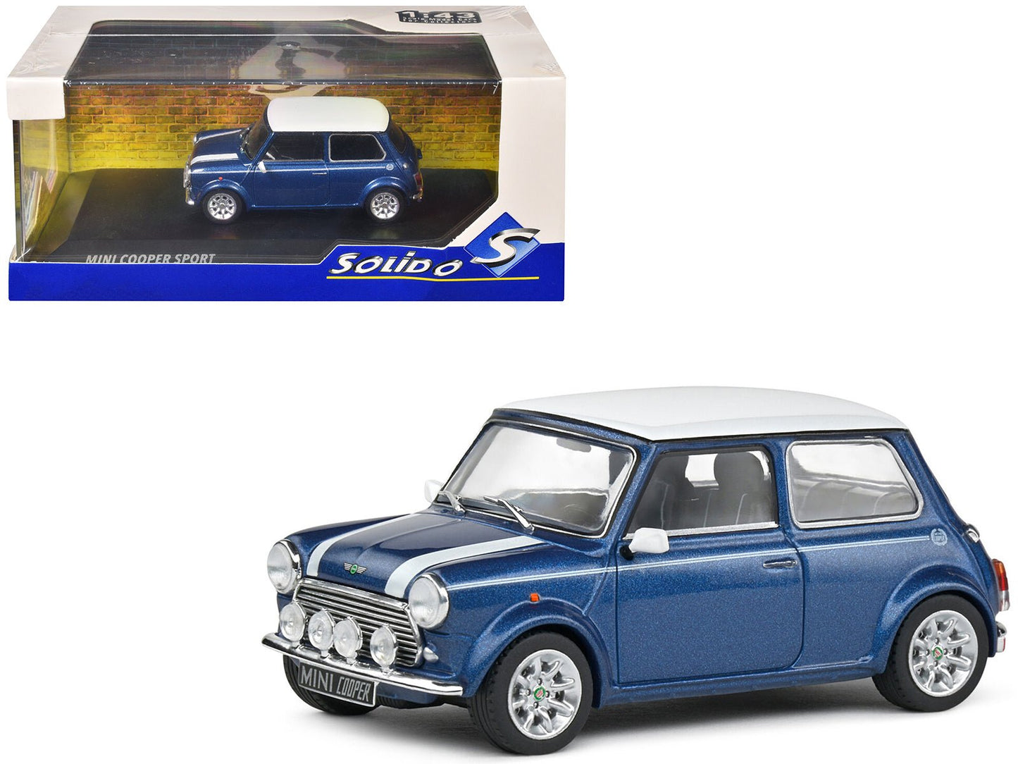 1994 Mini Cooper Sport Tahiti Blue Metallic with White Top and Stripes 1/43 Diecast Model Car by Solido  free shipping USA