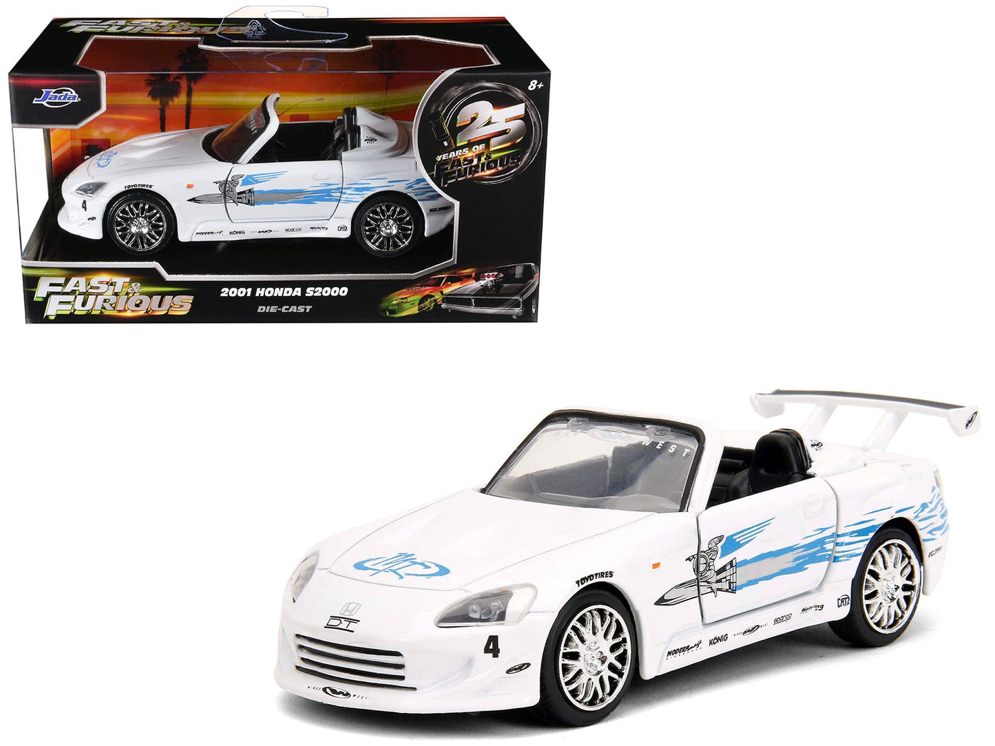 2001 Honda S2000 Convertible White with Graphics "Fast & Furious Remix - 25th Anniversary" Series 1/32 Diecast Model Car by Jada  free shipping USA