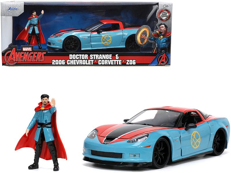 2006 Chevrolet Corvette Z06 Red and Blue with Doctor Strange Diecast Figurine "Avengers" "Marvel" Series "Hollywood Rides" 1/24 Diecast Model Car by Jada  free shipping USA