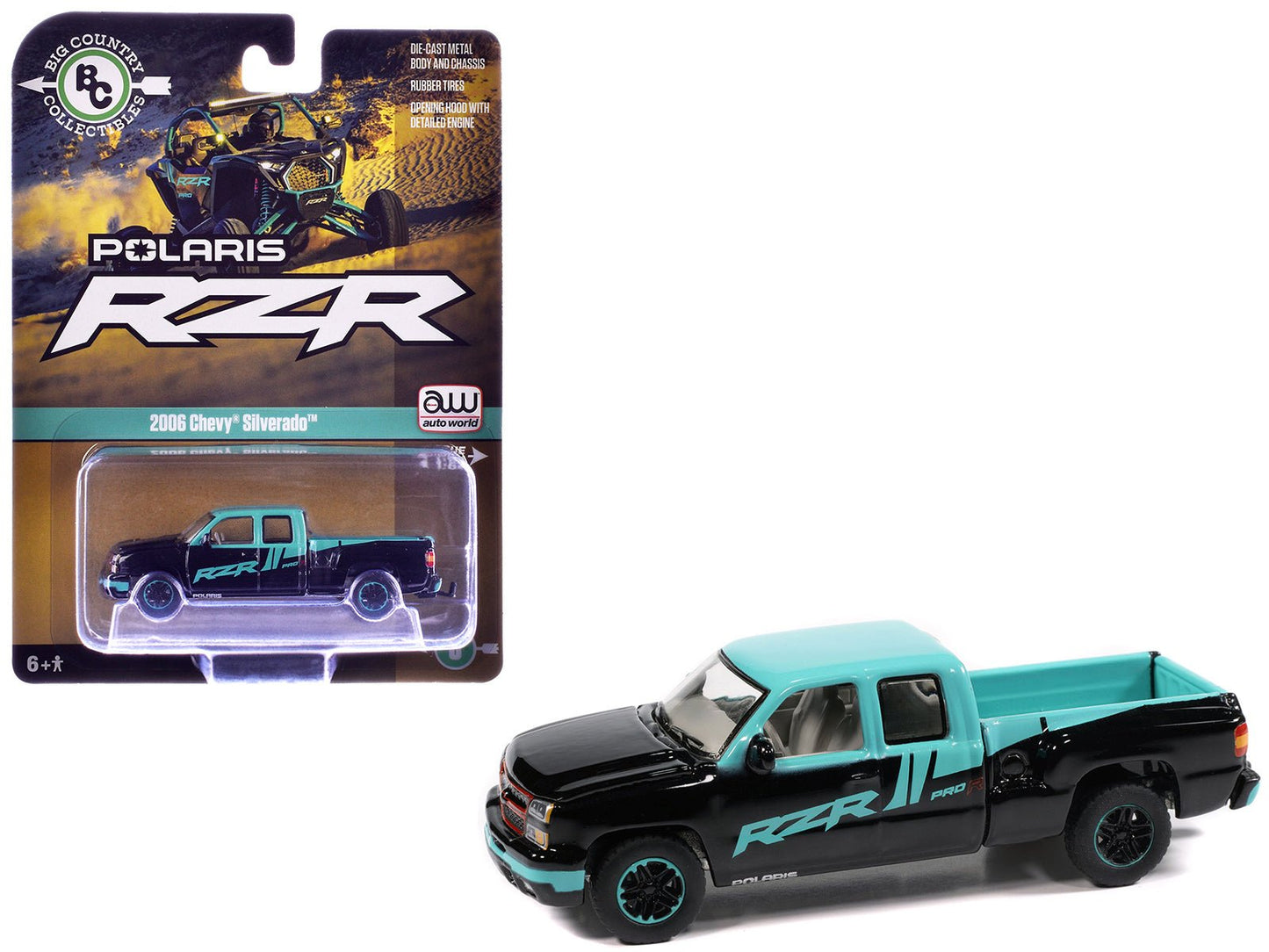 2006 Chevrolet Silverado Pickup Truck "Polaris RZR" Black and Blue "Big Country Collectibles" 2025 Series 1/64 Diecast Model Car by Auto World  free shipping USA