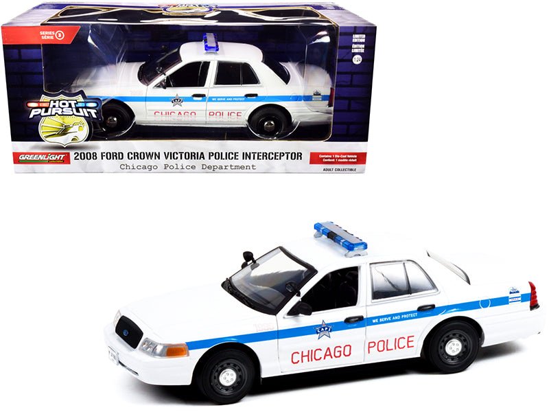 2008 Ford Crown Victoria Police Interceptor "CAPS" White with Blue Stripes "Chicago Police Department" "Hot Pursuit" Series 1/24 Diecast Model Car by Greenlight  free shipping USA
