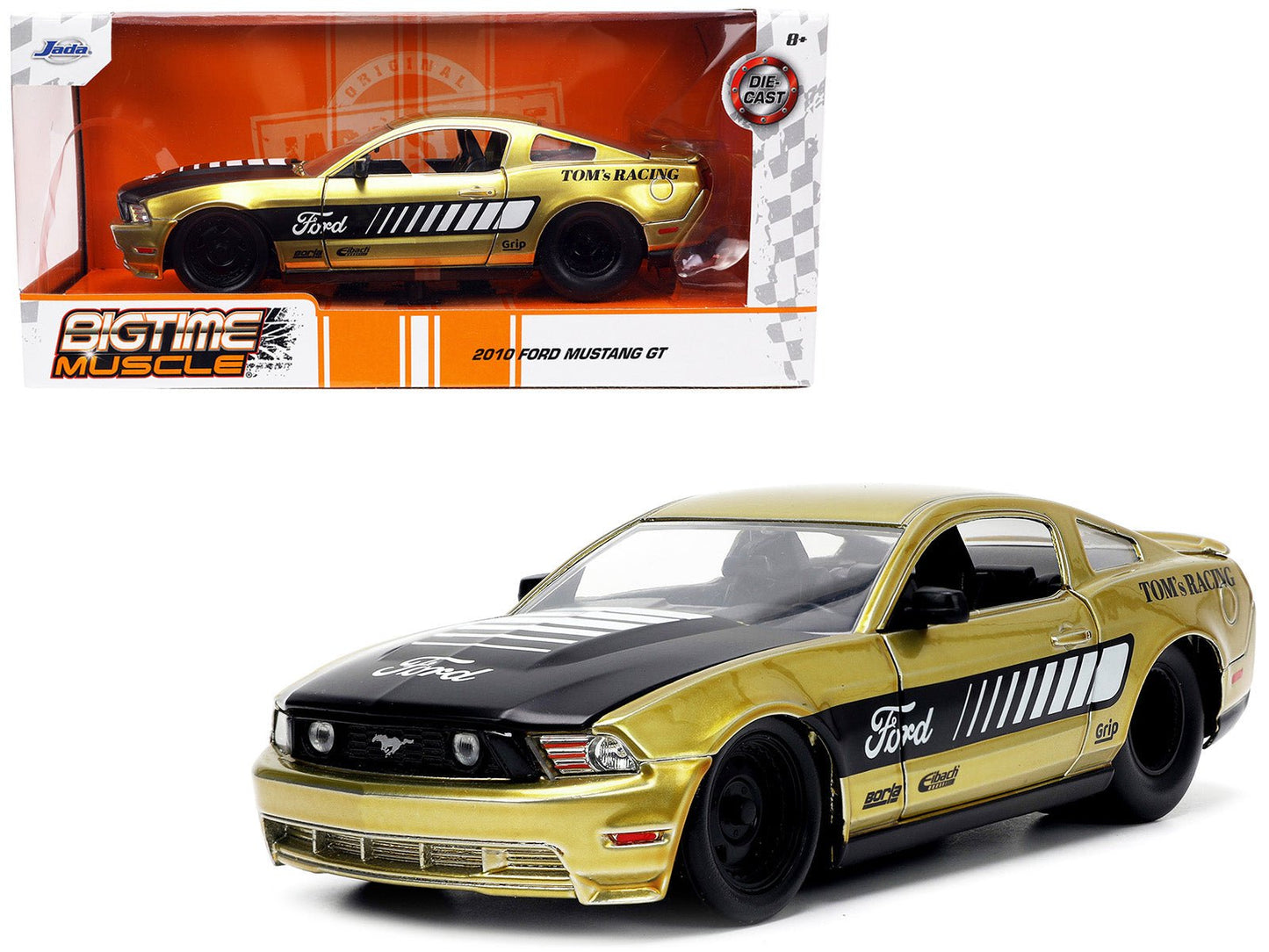 2010 Ford Mustang GT Gold Metallic with Black Graphics and Hood "Tom's Racing" "Bigtime Muscle" Series 1/24 Diecast Model Car by Jada  free shipping USA