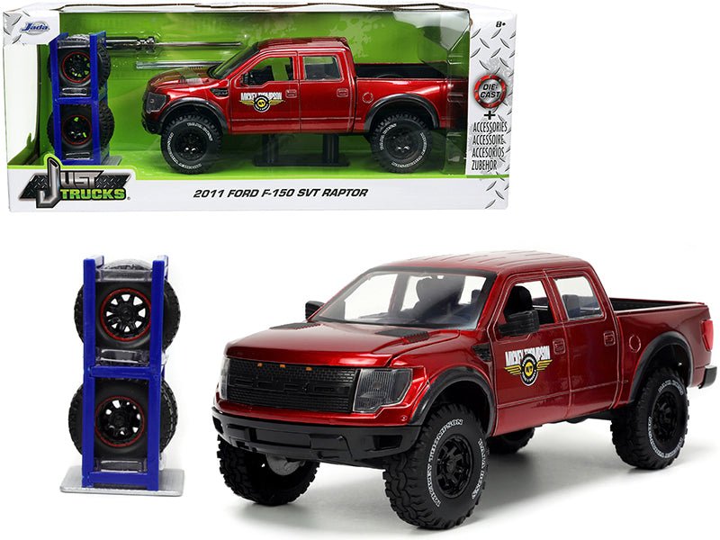 2011 Ford F-150 SVT Raptor Pickup Truck Candy Red Metallic "Mickey Thompson Tires & Wheels" with Extra Wheels "Just Trucks" Series 1/24 Diecast Model Car by Jada  free shipping USA