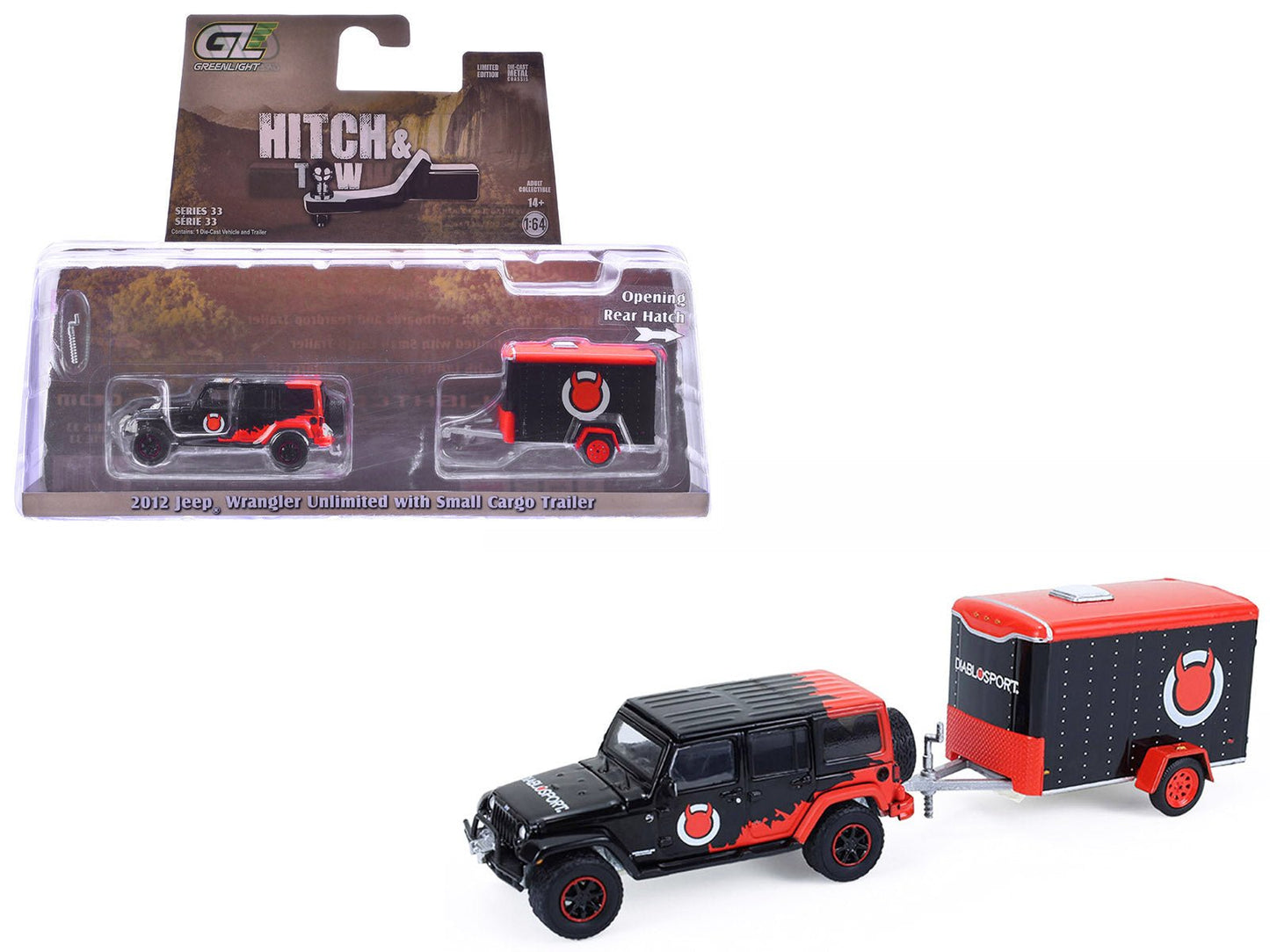 2012 Jeep Wrangler Unlimited "Diablo Sport" Black with Red Graphics and Small Cargo Trailer "Hitch & Tow" Series 33 1/64 Diecast Model Cars by Greenlight  free shipping USA