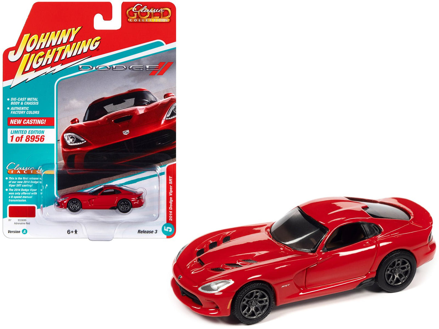 2014 Dodge Viper SRT Adrenaline Red "Classic Gold Collection" Series Limited Edition to 8956 pieces Worldwide 1/64 Diecast Model Car by Johnny Lightning  free shipping USA