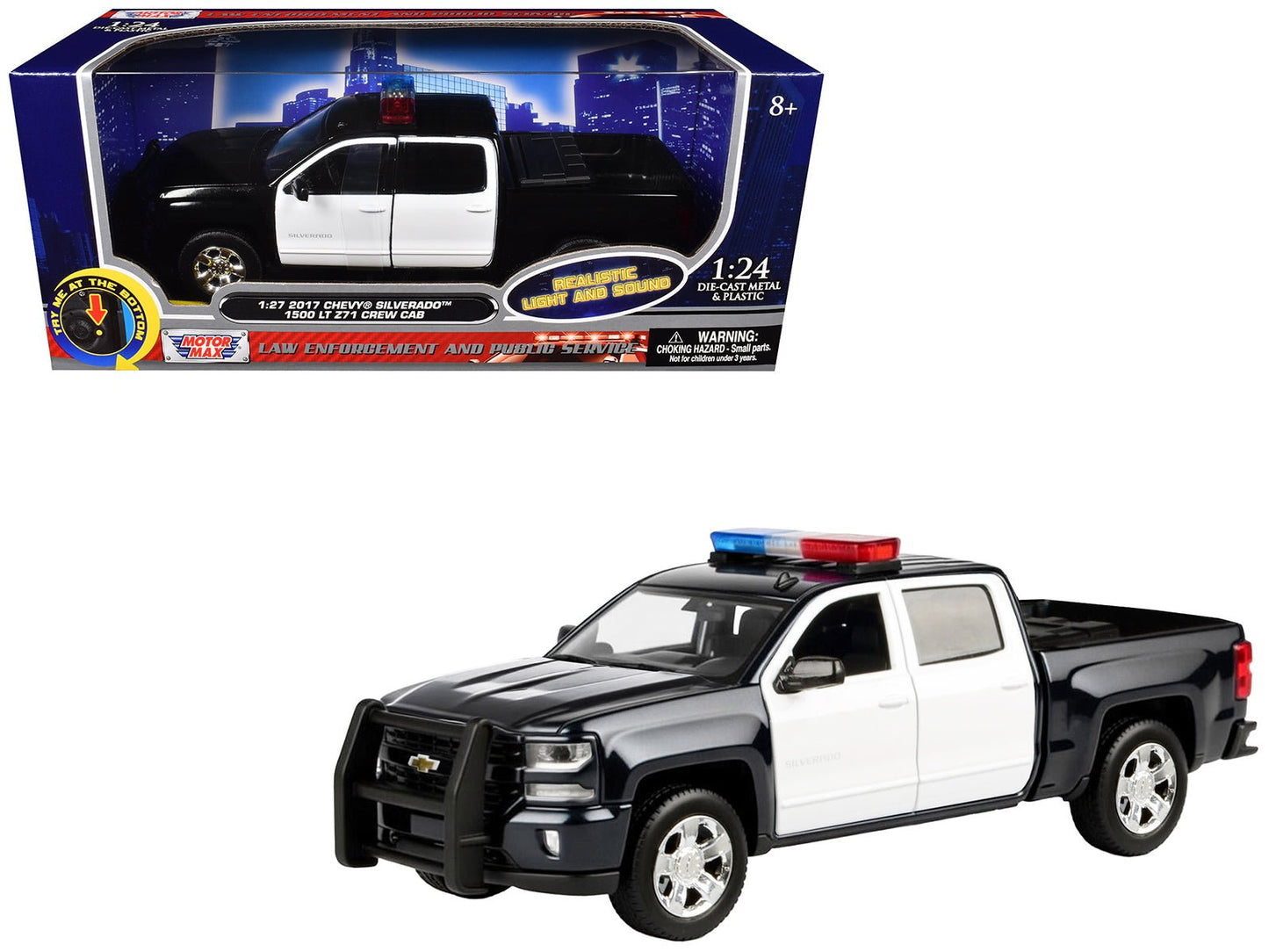 2017 Chevrolet Silverado 1500 LT Z71 Crew Cab Pickup Truck Black and White with Flashing Light Bar and Front and Rear Lights and Sounds 1/27 Diecast Model Car by Motormax  free shipping USA