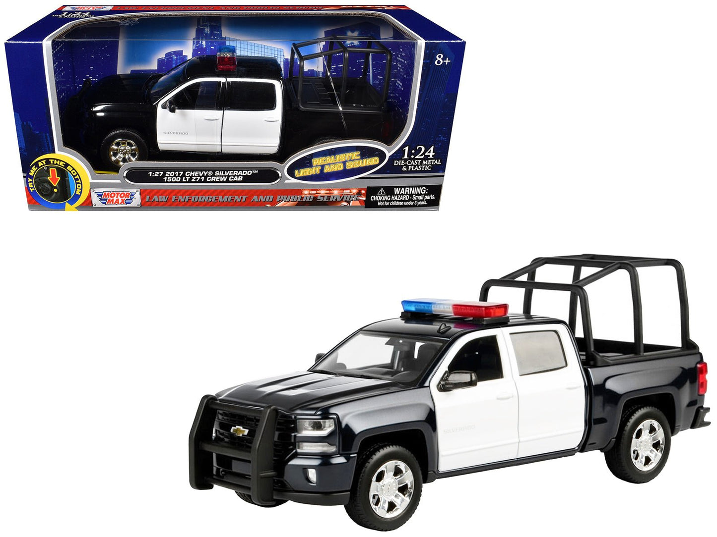 2017 Chevrolet Silverado 1500 LT Z71 Crew Cab Pickup Truck with Bed Cage Black and White with Flashing Light Bar and Front and Rear Lights and Sounds 1/27 Diecast Model Car by Motormax  free shipping USA