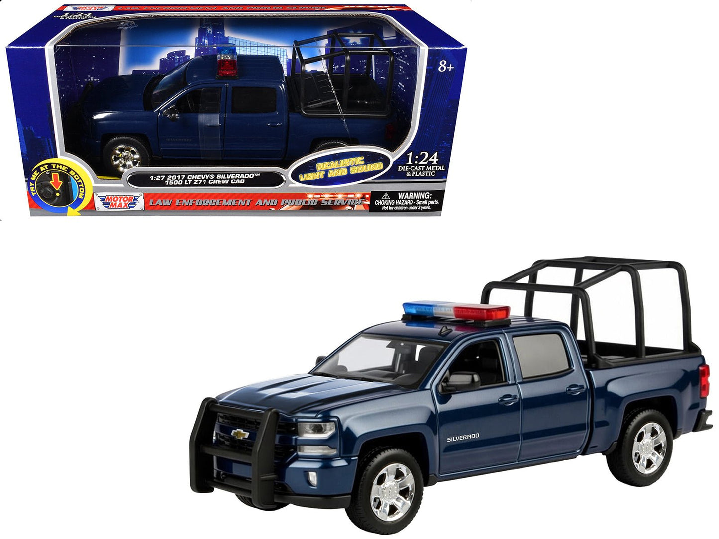 2017 Chevrolet Silverado 1500 LT Z71 Crew Cab Pickup Truck with Bed Cage Dark Blue with Flashing Light Bar and Front and Rear Lights and Sounds 1/27 Diecast Model Car by Motormax  free shipping USA