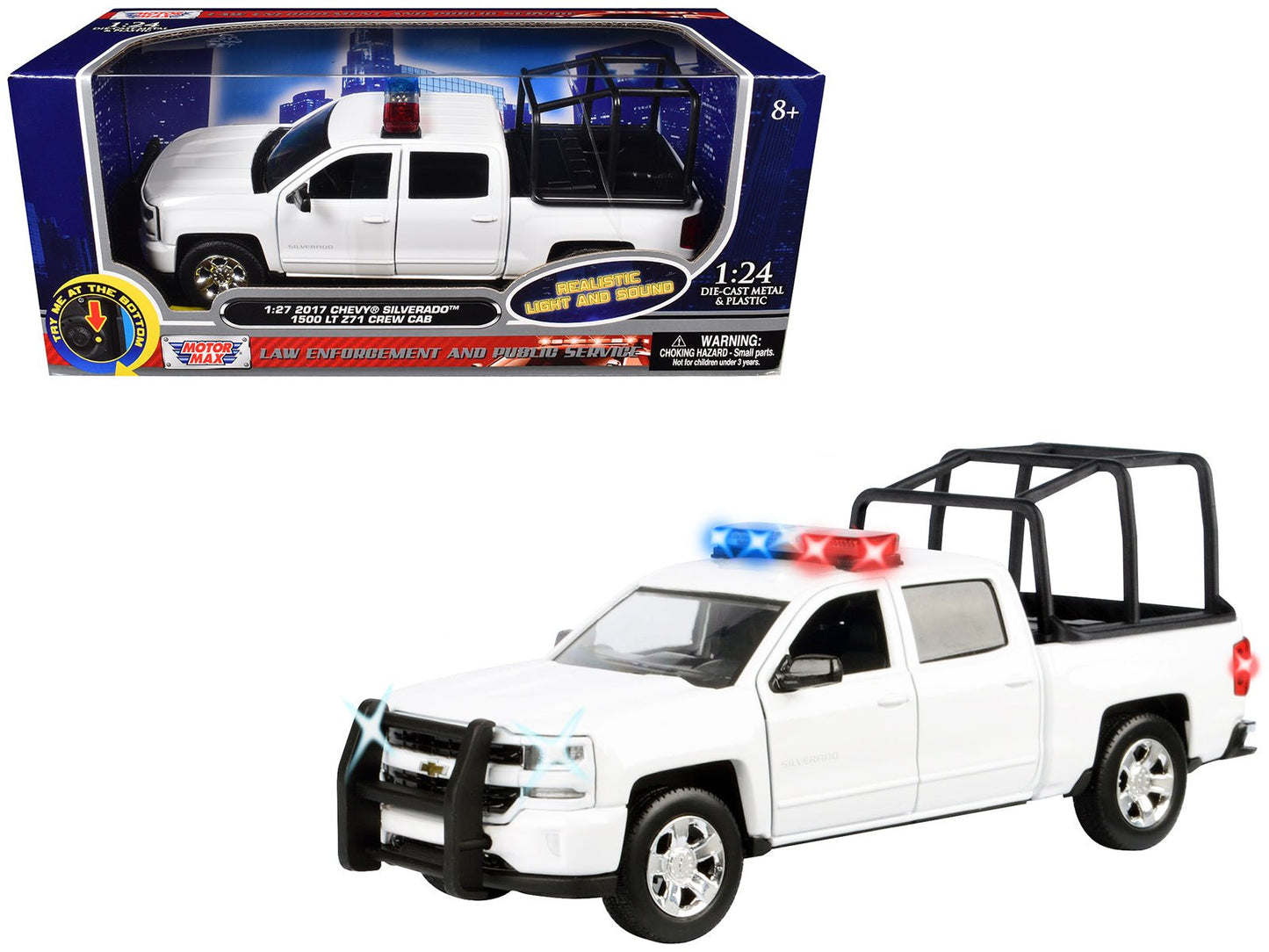 2017 Chevrolet Silverado 1500 LT Z71 Crew Cab Pickup Truck with White with Flashing Light Bar and Front and Rear Lights and Sounds 1/27 Diecast Model Car by Motormax  free shipping USA