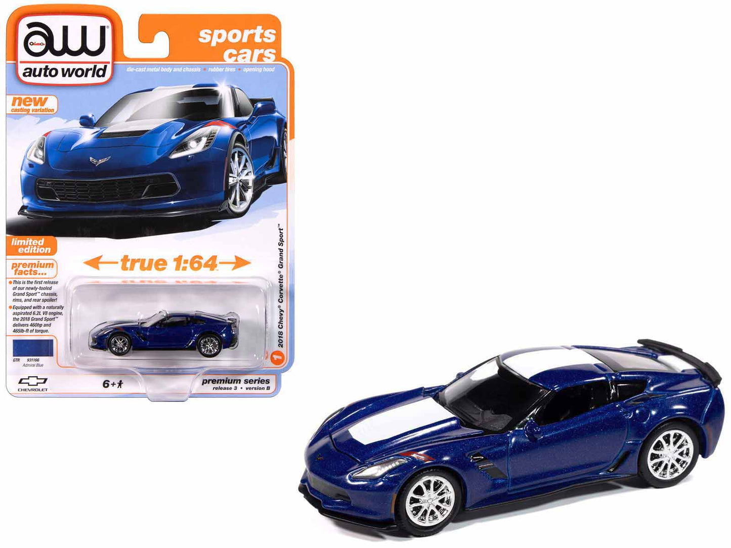 2018 Chevrolet Corvette Grand Sport Admiral Blue with White Stripe "Sports Cars" Series 1/64 Diecast Model Car by Auto World  free shipping USA