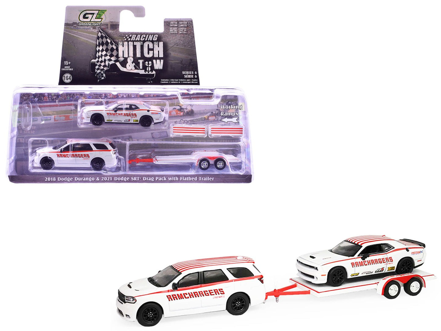 2018 Dodge Durango White with Red Stripes and 2021 Dodge Challenger SRT White with Red Stripes "Ramchargers" with Flatbed Trailer "Racing Hitch & Tow" Series 6 1/64 Diecast Model Cars by Greenlight  free shipping USA