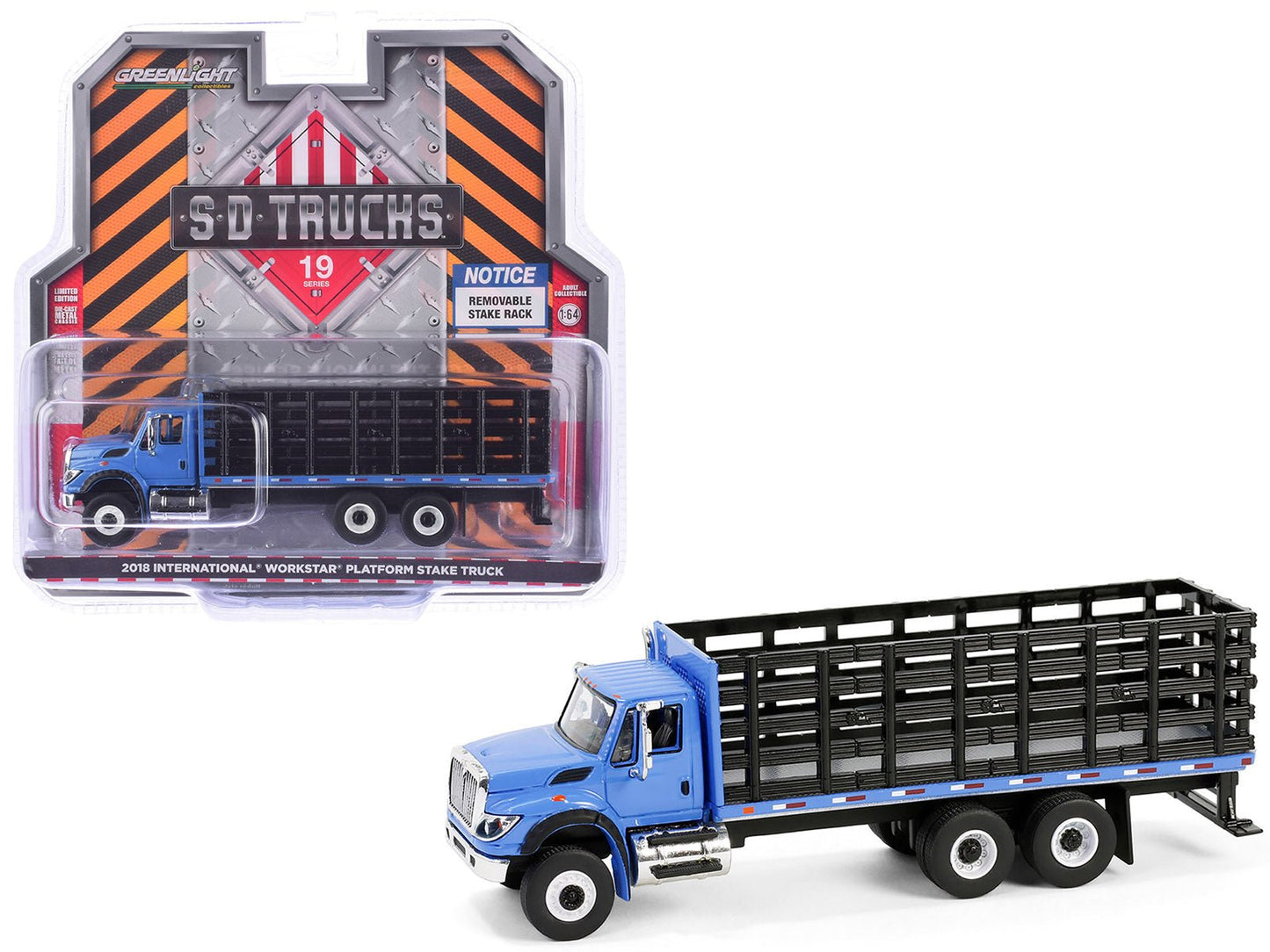 2018 International WorkStar Platform Stake Truck Blue "S.D. Trucks" Series 19 1/64 Diecast Model Car by Greenlight  free shipping USA