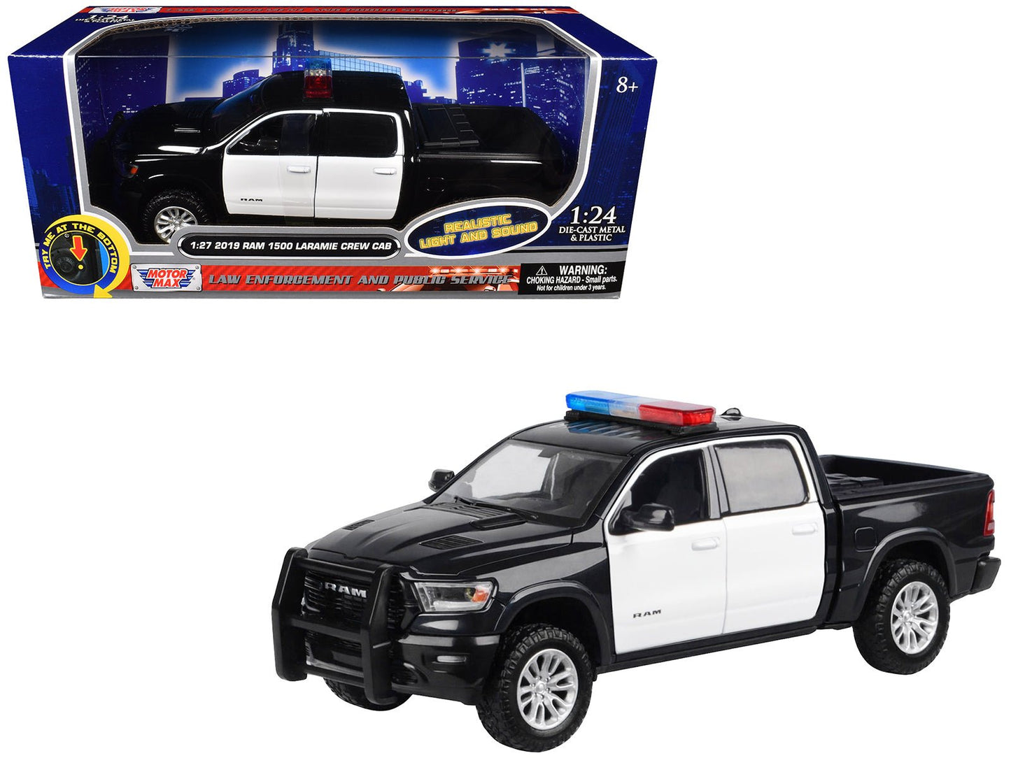 2019 RAM 1500 Laramie Crew Cab Pickup Truck Black and White with Flashing Light Bar and Front and Rear Lights and Sounds 1/27 Diecast Model Car by Motormax  free shipping USA