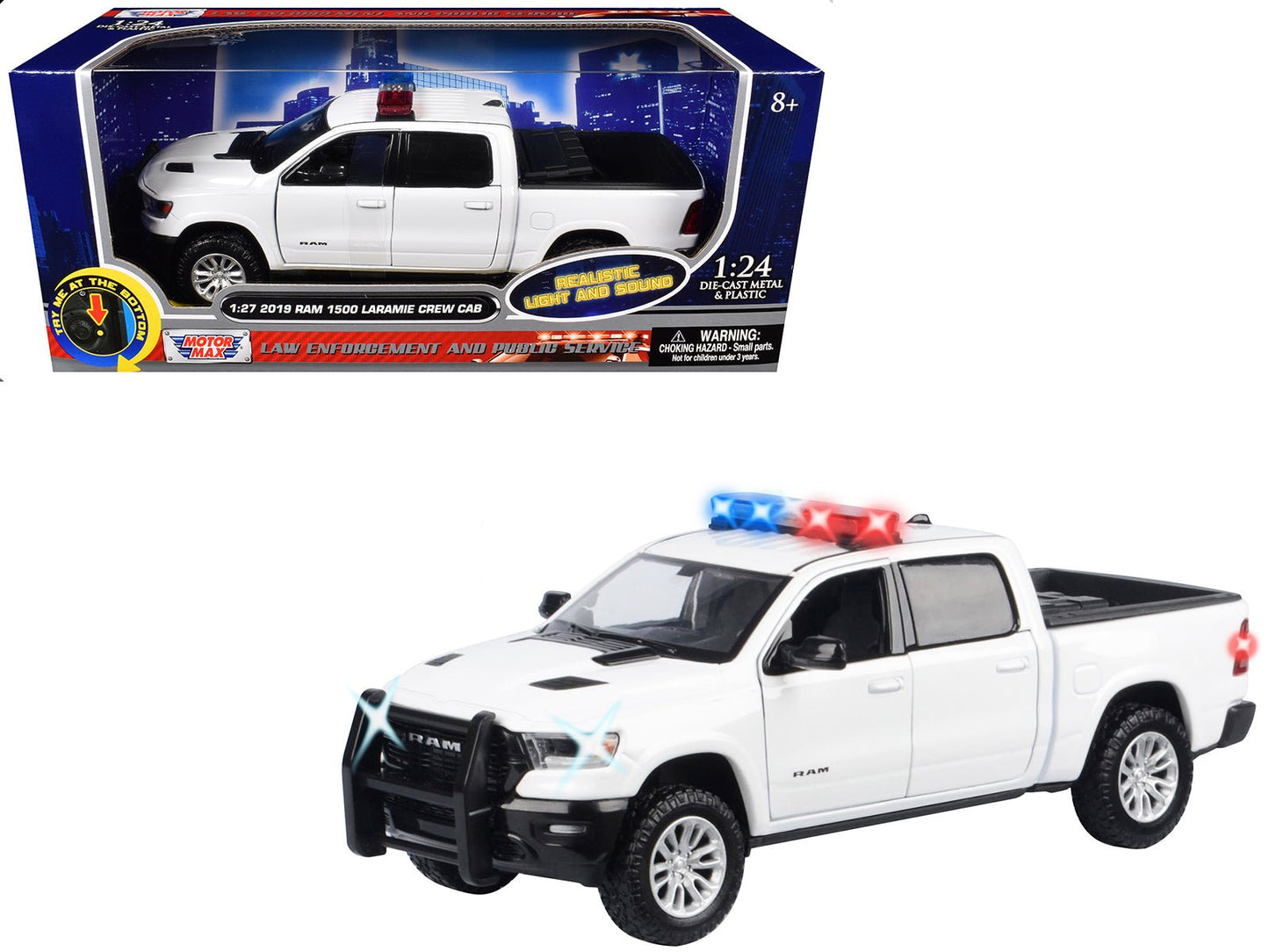 2019 RAM 1500 Laramie Crew Cab Pickup Truck White with Flashing Light Bar and Front and Rear Lights and Sounds 1/27 Diecast Model Car by Motormax  free shipping USA