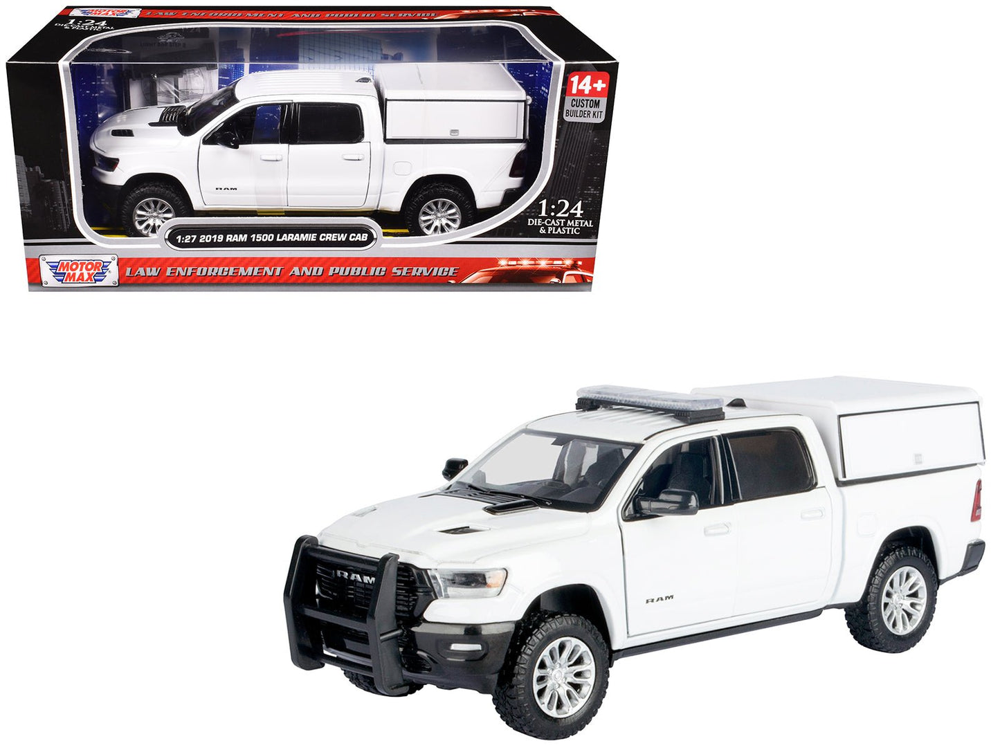2019 RAM 1500 Laramie Crew Cab Pickup Truck with Truck Bed Camper White "Custom Builder's Kit" Series 1/27 Diecast Model Car by Motormax  free shipping USA