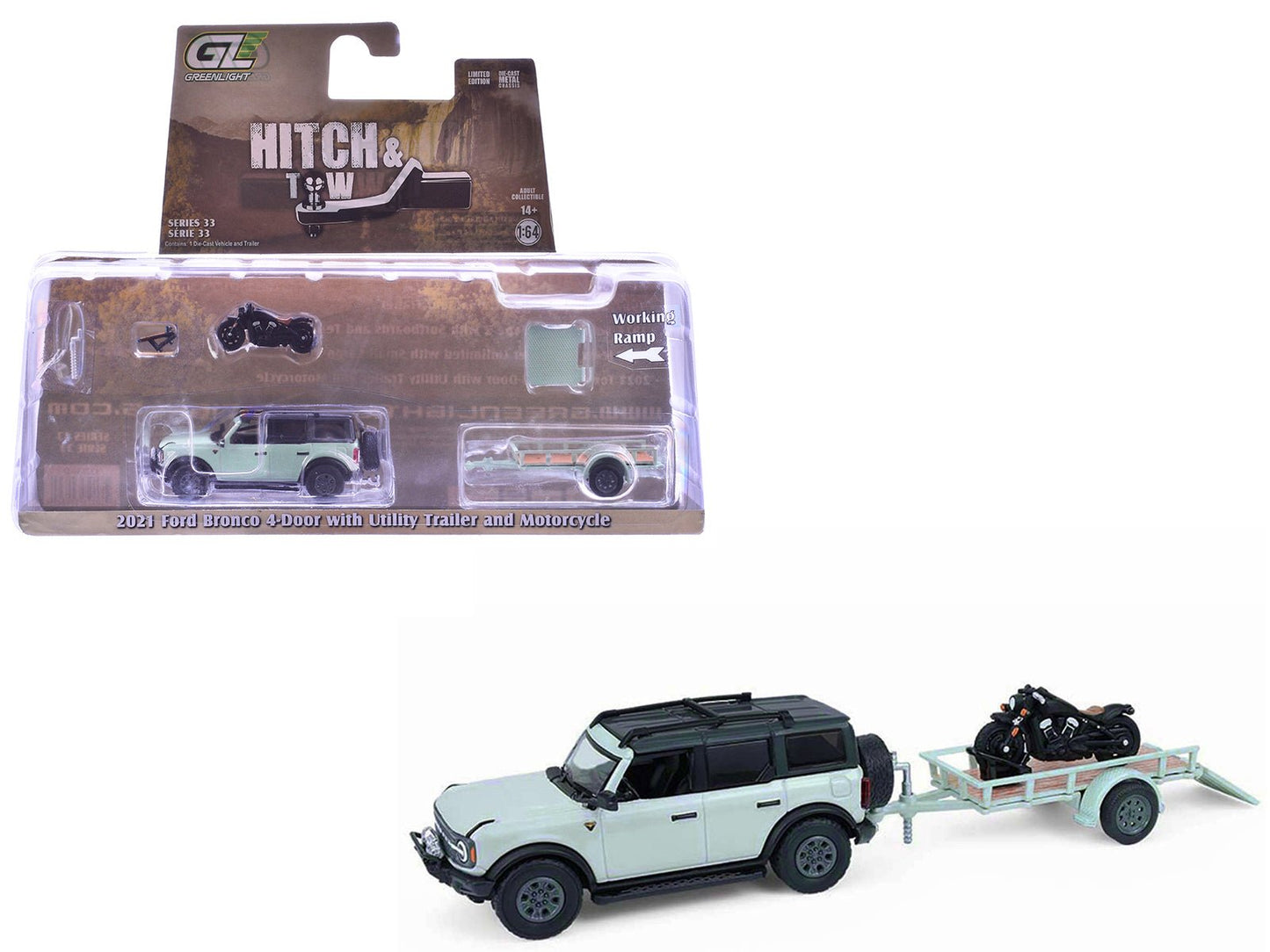 2021 Ford Bronco 4-Door Badlands Cactus Gray with Black Top and Motorcycle with Utility Trailer "Hitch & Tow" Series 33 1/64 Diecast Model Cars by Greenlight  free shipping USA