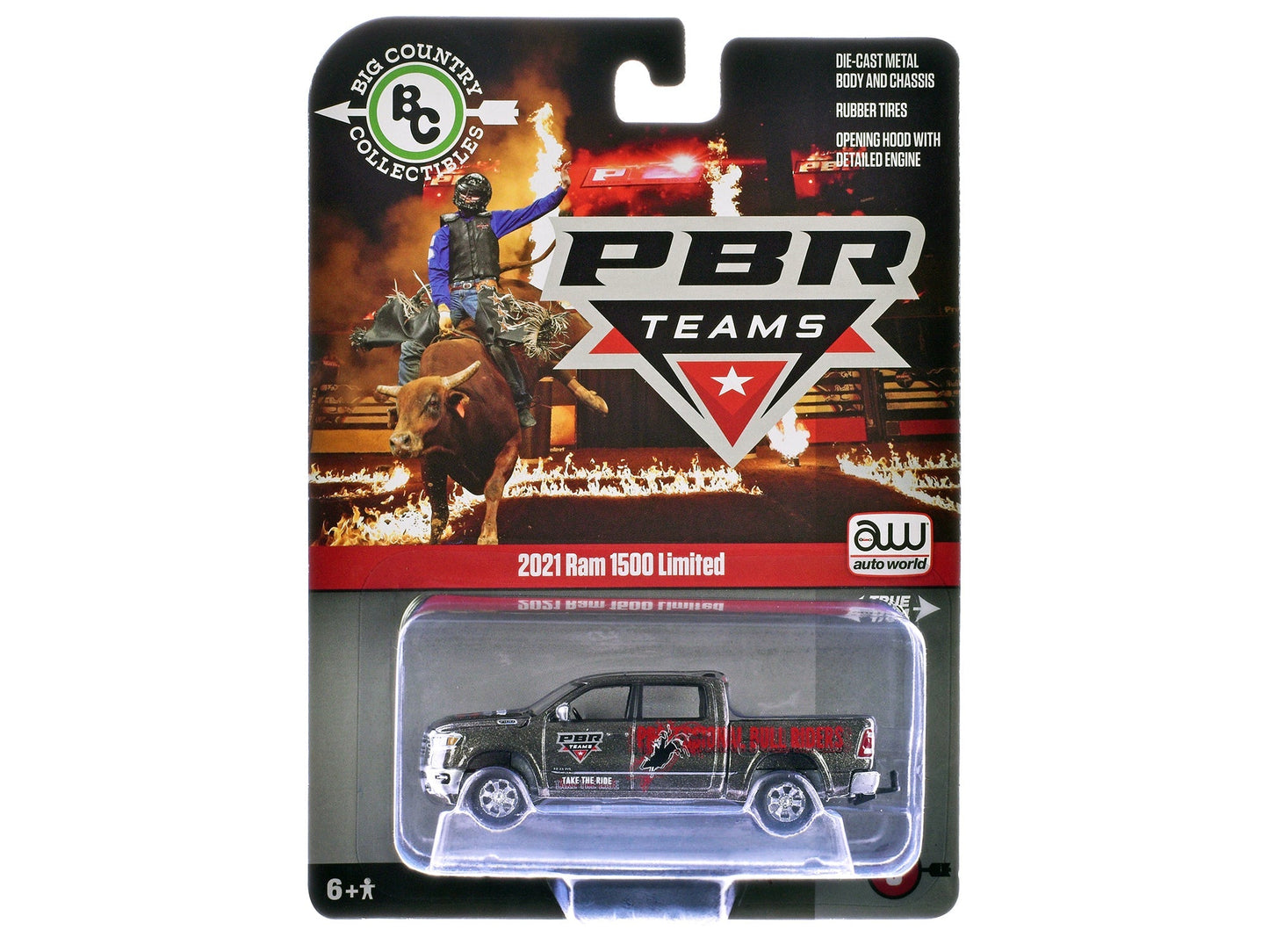 2021 Ram 1500 Limited Pickup Truck "PBR (Professional Bull Riders)" Gray Metallic with Graphics "Big Country Collectibles" 2025 Series 1/64 Diecast Model Car by Auto World  free shipping USA