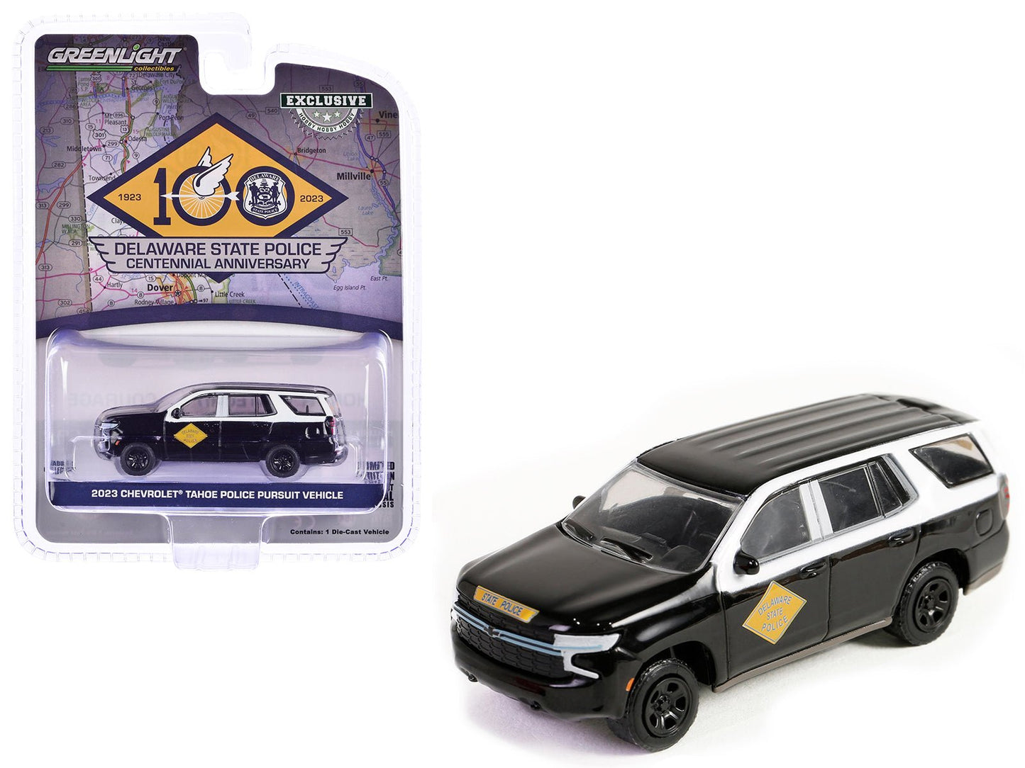 2023 Chevrolet Tahoe Police Pursuit Vehicle "Delaware State Police Centennial Anniversary" Black and White "Hobby Exclusive" Series 1/64 Diecast Model Car by Greenlight  free shipping USA