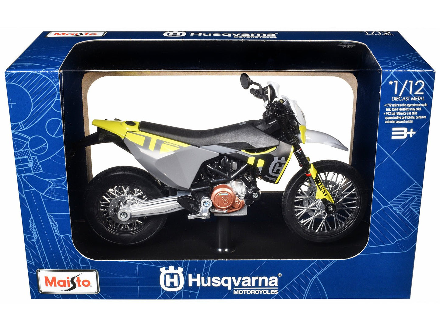 2023 Husqvarna 701 Supermoto Motorcycle Matt Black and Gray with Yellow and White Accents with Display Base 1/12 Diecast Model by Maisto  free shipping USA