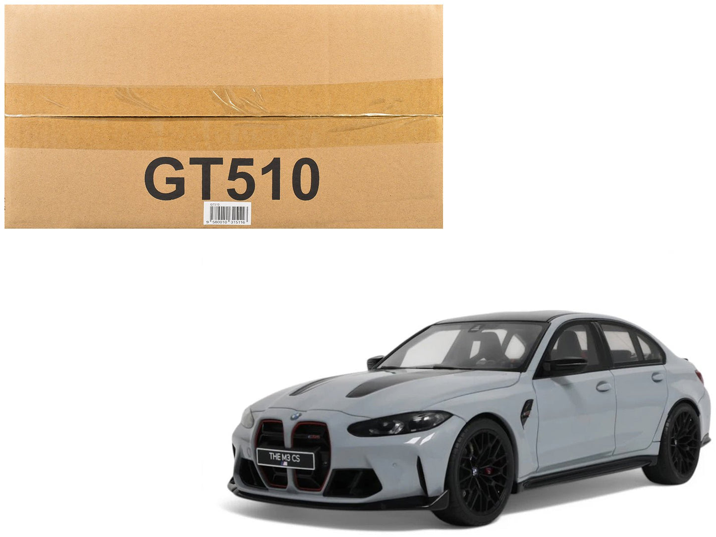 2024 BMW M3 CS M Brooklyn Gray Metallic with Black Top and Hood Stripes 1/18 Model Car by GT Spirit  free shipping USA