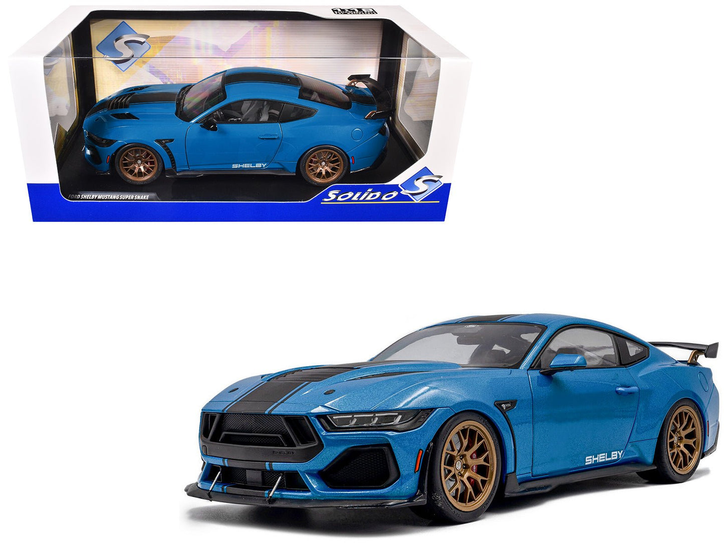 2024 Ford Shelby Mustang Super Snake Grabber Blue Metallic with Black Stripes 1/18 Diecast Model Car by Solido  free shipping USA