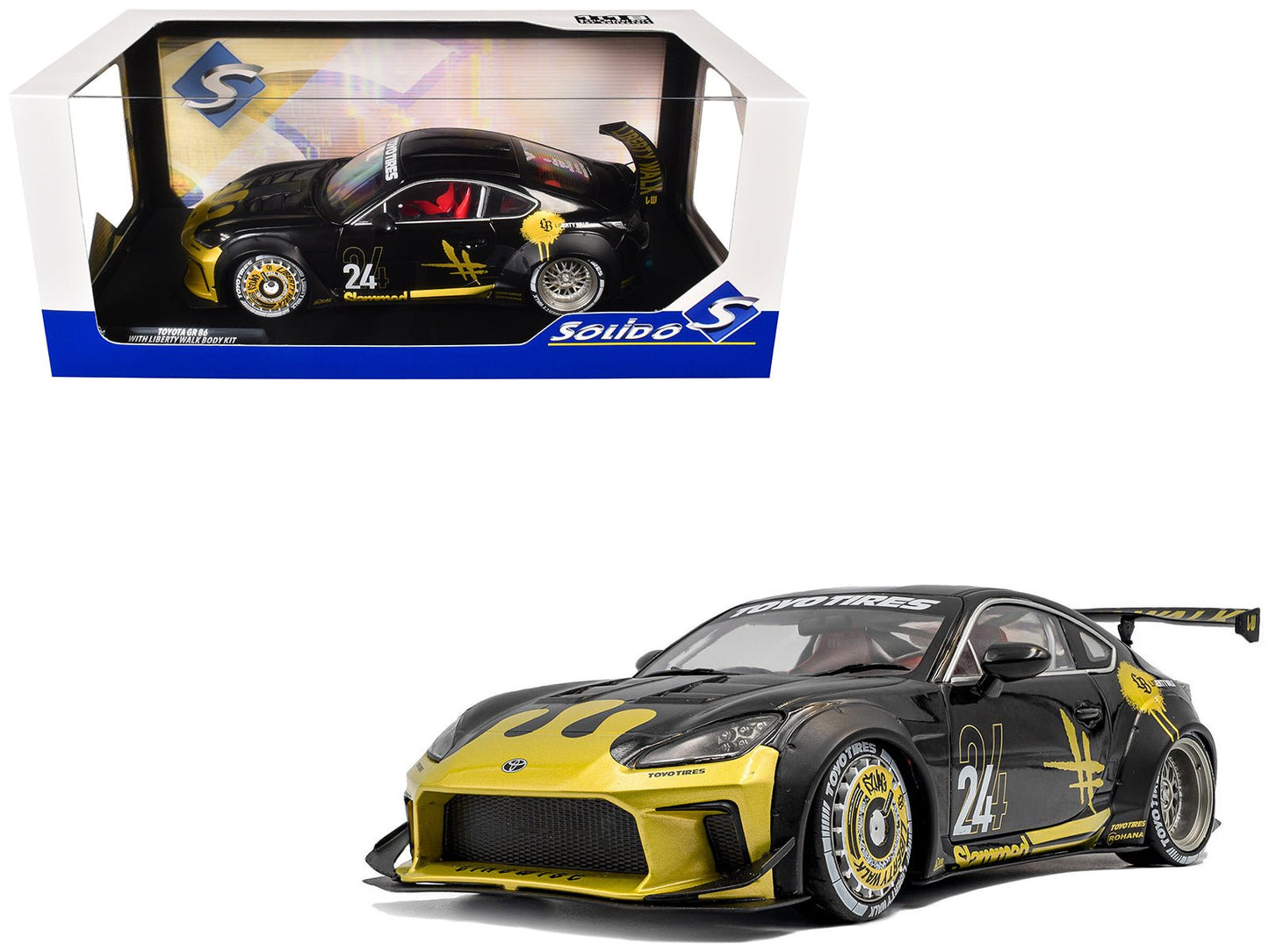 2024 Toyota GR86 Liberty Walk Body Kit RHD (Right Hand Drive) #24 Black with Gold Graphics 1/18 Diecast Model Car by Solido  free shipping USA