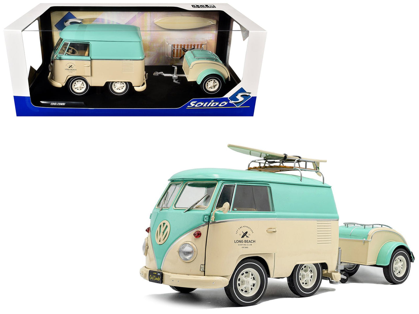 2024 Volkswagen Cool Combi Van with Trailer "Long Beach Surfing Club" Mint Green and Cream with Roof Rack and Surfboard 1/18 Diecast Model Car by Solido  free shipping USA